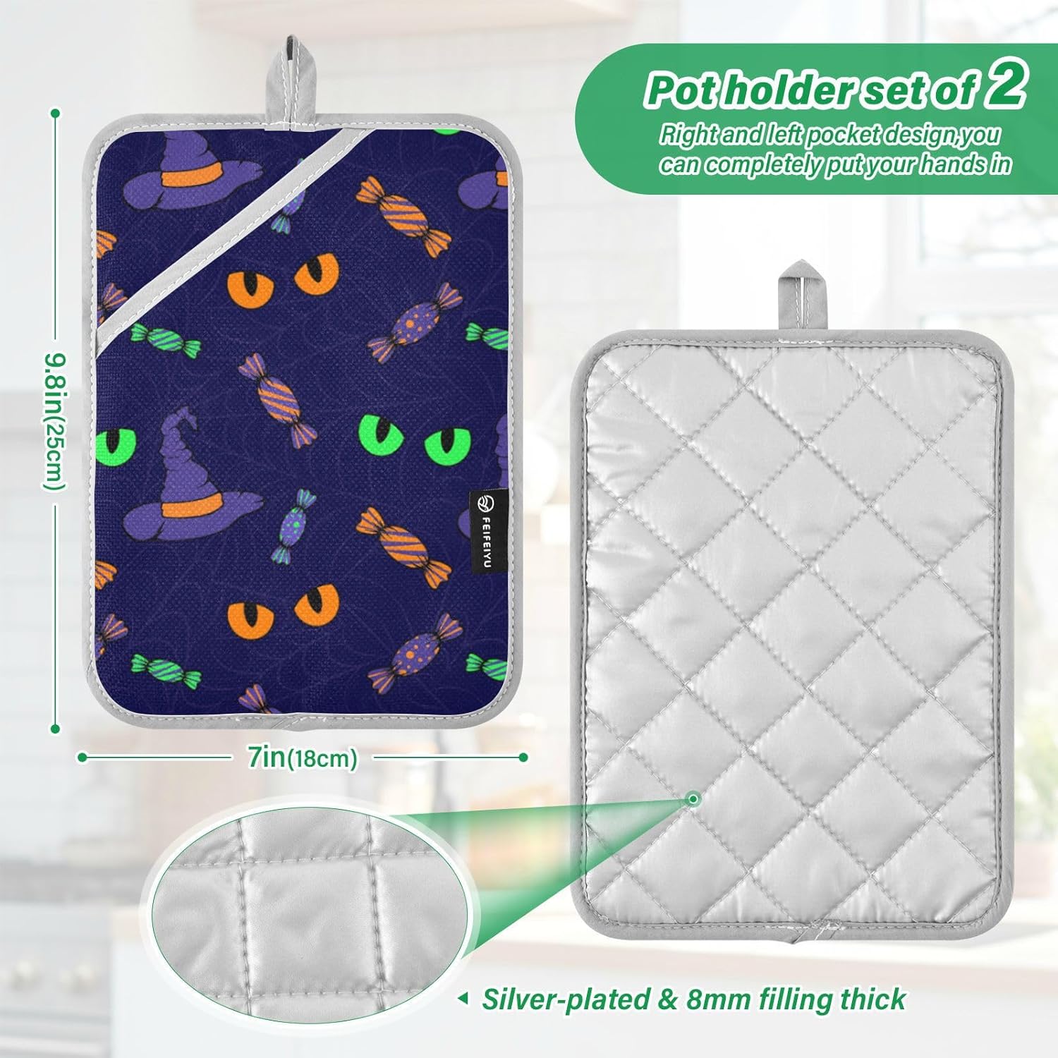 Cute Halloween Potholders Cat Eye 2 Piece Heat Resistant Kitchen Pots