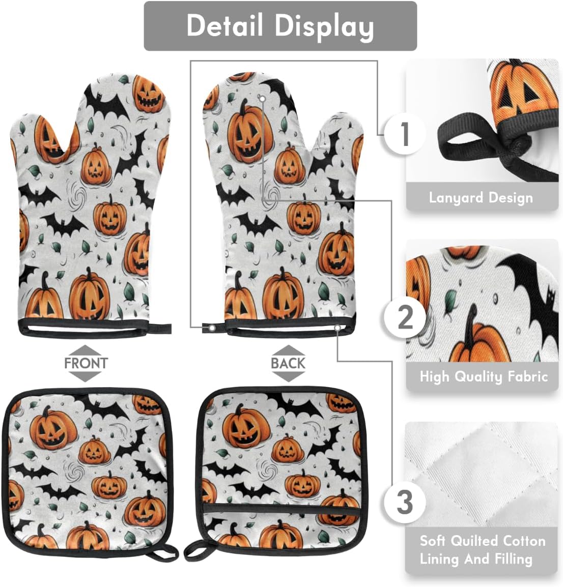 Pumpkin Halloween Bats Oven Mitts Pot Holders Set