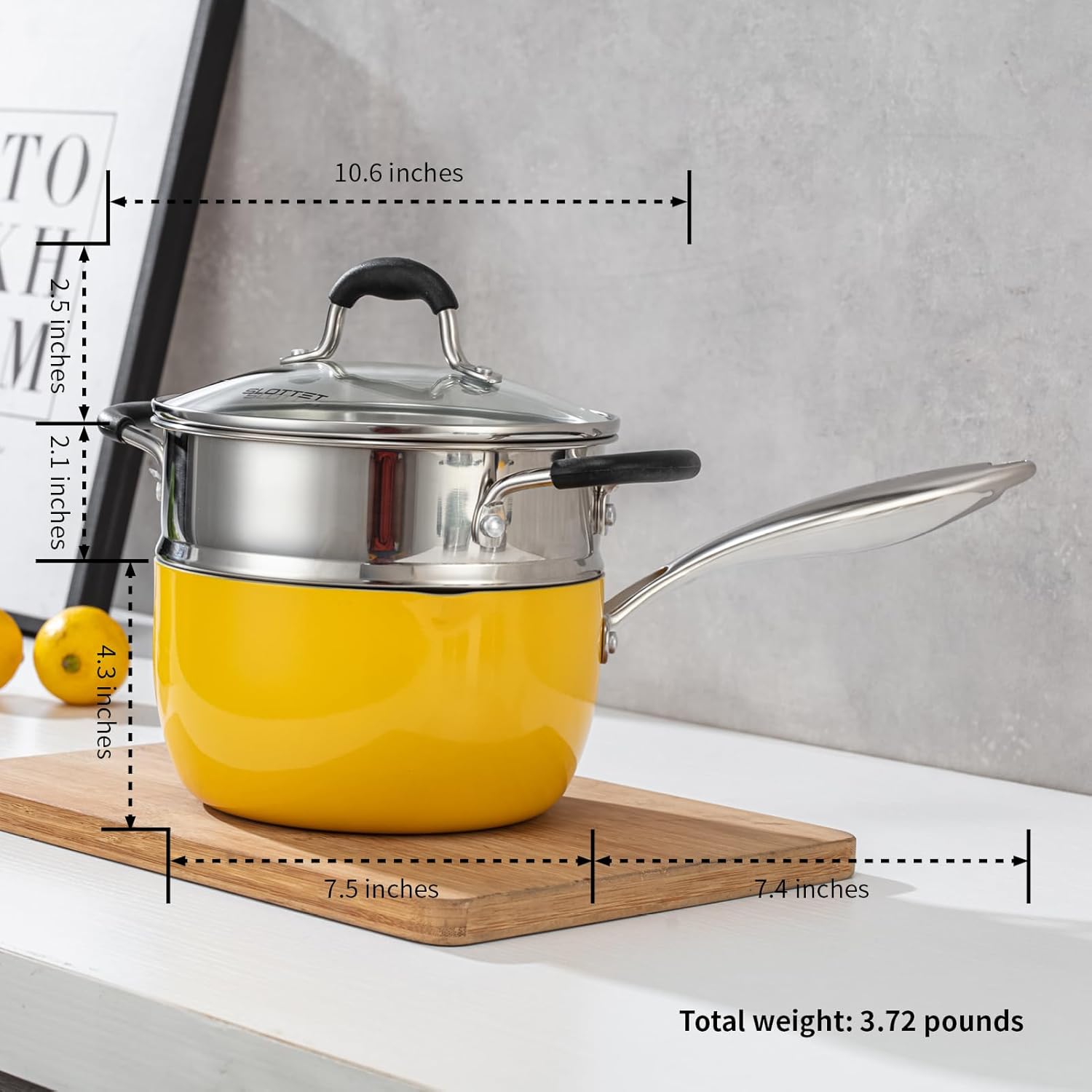SLOTTETCeramic Tri-Ply Nonstick Saucepan 25 Quart Multipurpose Pot with Steamer Glass Lid