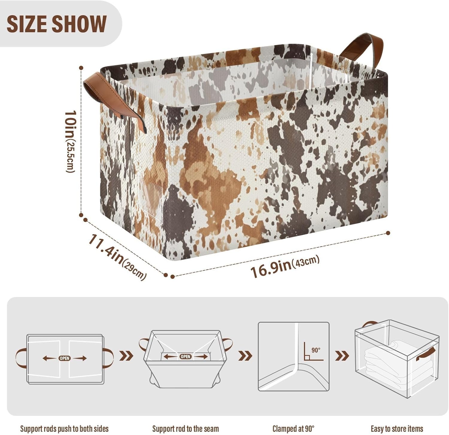 Collapsible Cow Print Storage Basket Durable Waterproof for Home Office