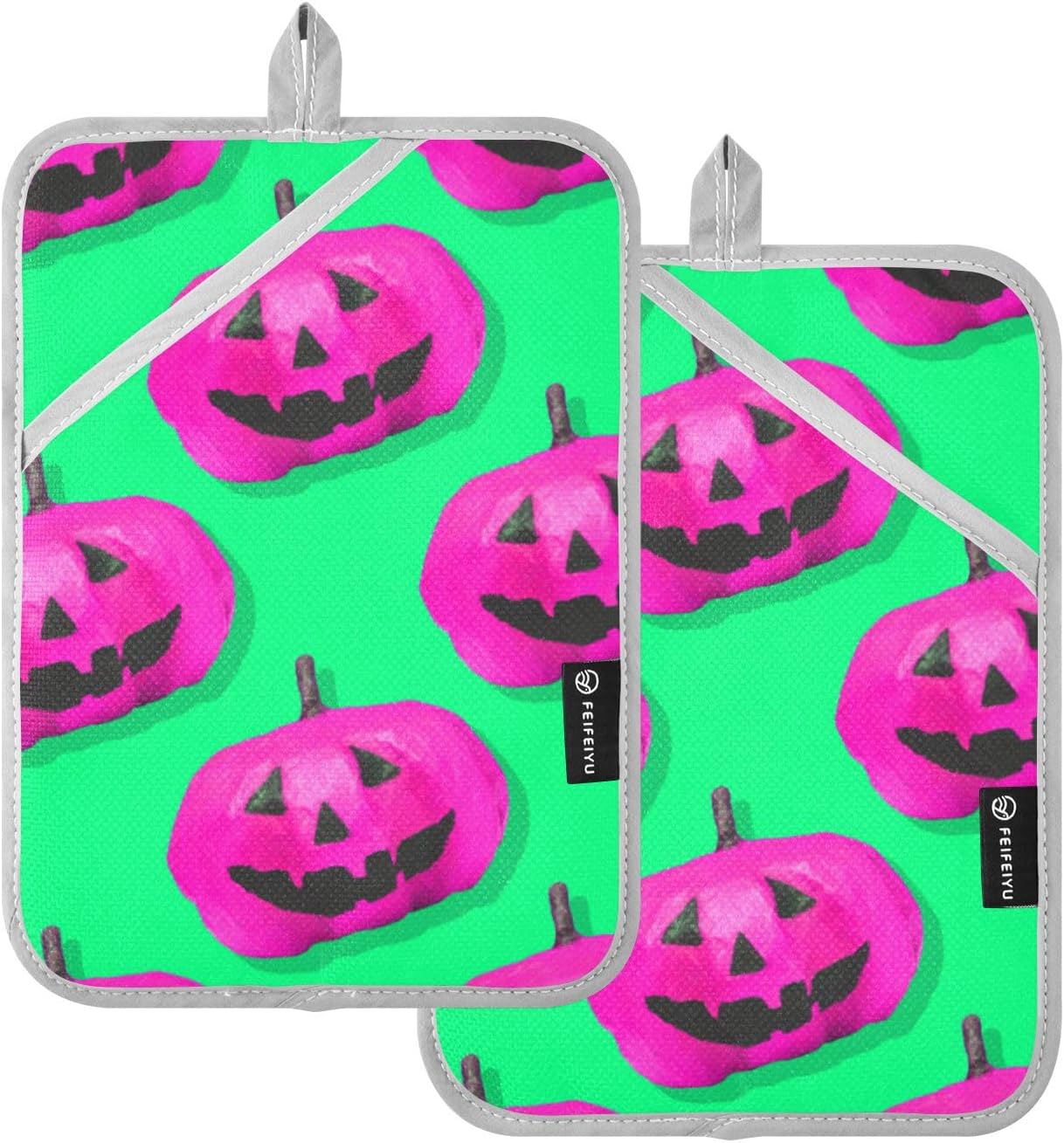2-Piece Halloween Pink Pumpkins Potholders Set for Kitchen Use