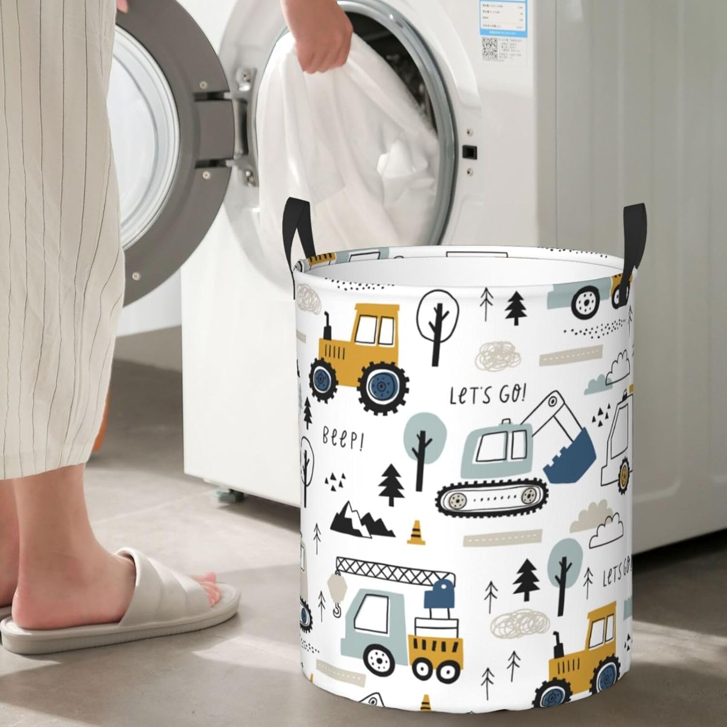 Cartoon Excavator Tractors Waterproof Collapsible Laundry Basket Gift