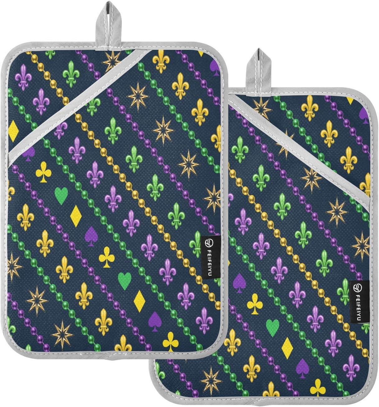 KcldeciMardi Gras diagonal stripes heat resistant pot holders 2 pack