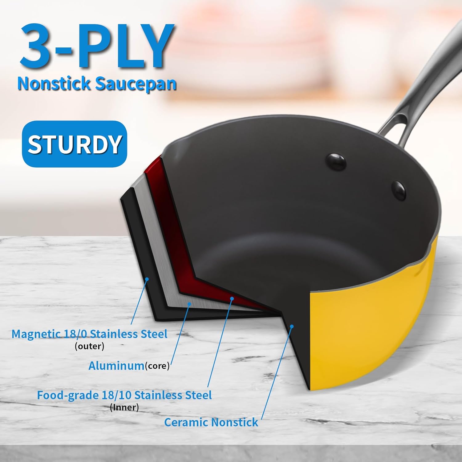 SLOTTETCeramic Tri-Ply Nonstick Saucepan 25 Quart Multipurpose Pot with Steamer Glass Lid