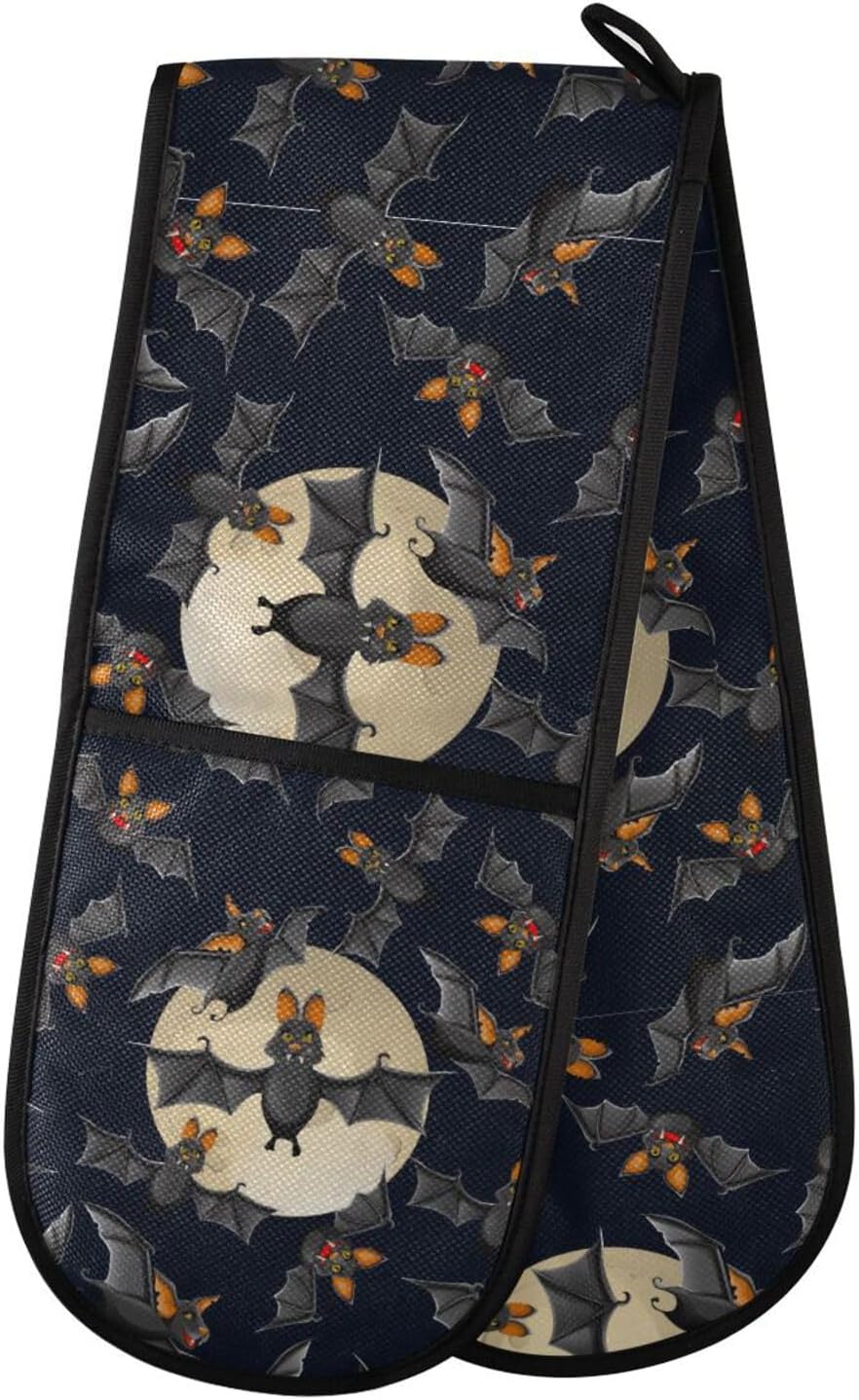 Halloween Transitional Double Oven Mitts with flying bats and full moon
