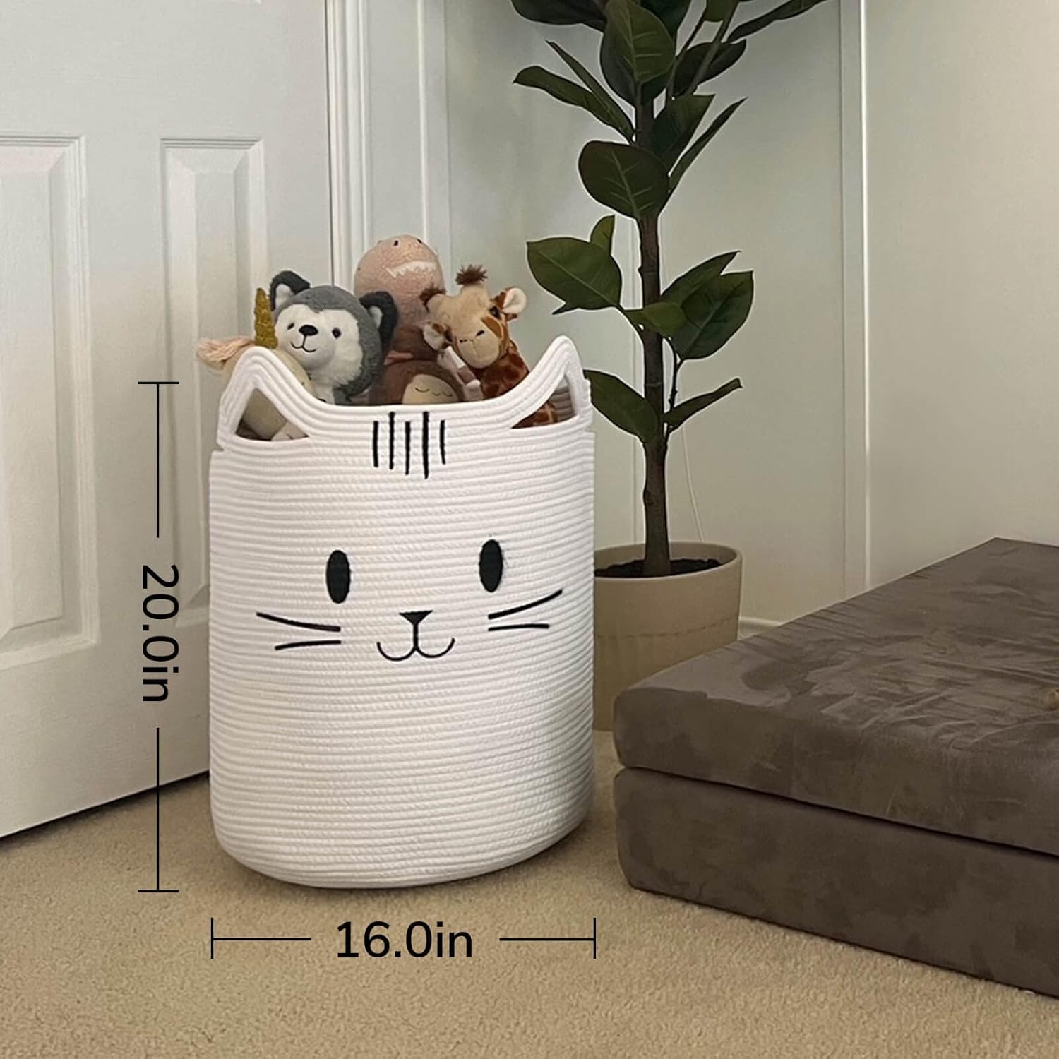 Sturdy Soft Cat Face Laundry Basket for Kids Pets White 16x20