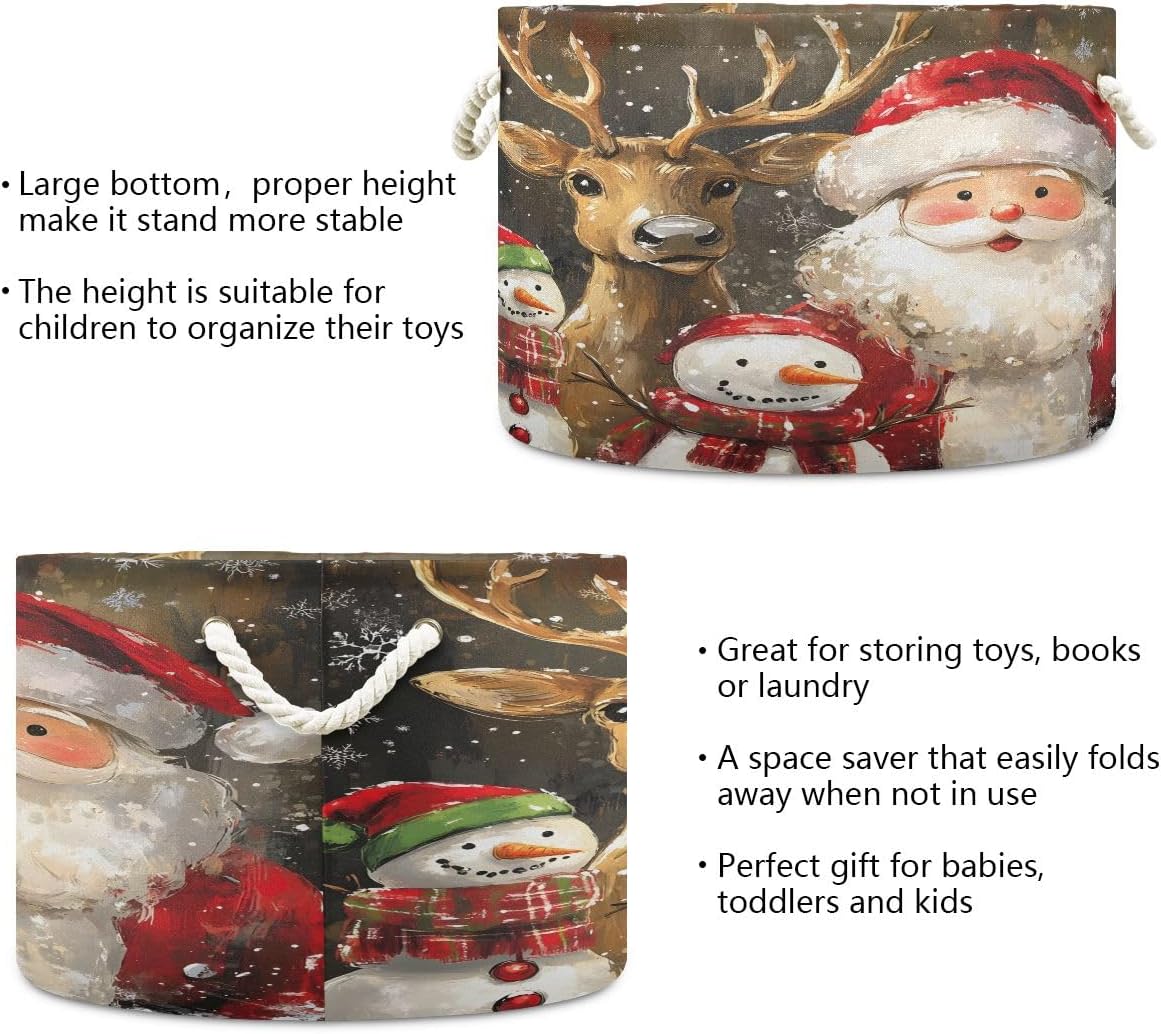 SUABO Reindeer Santa Snowman Canvas Laundry Basket with Handle