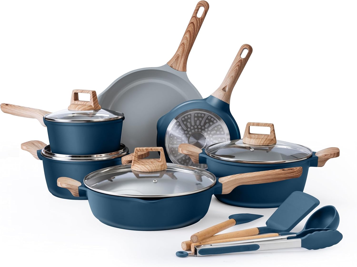 Country Kitchen 14-Piece Nonstick Cookware Set with Utensils Navy
