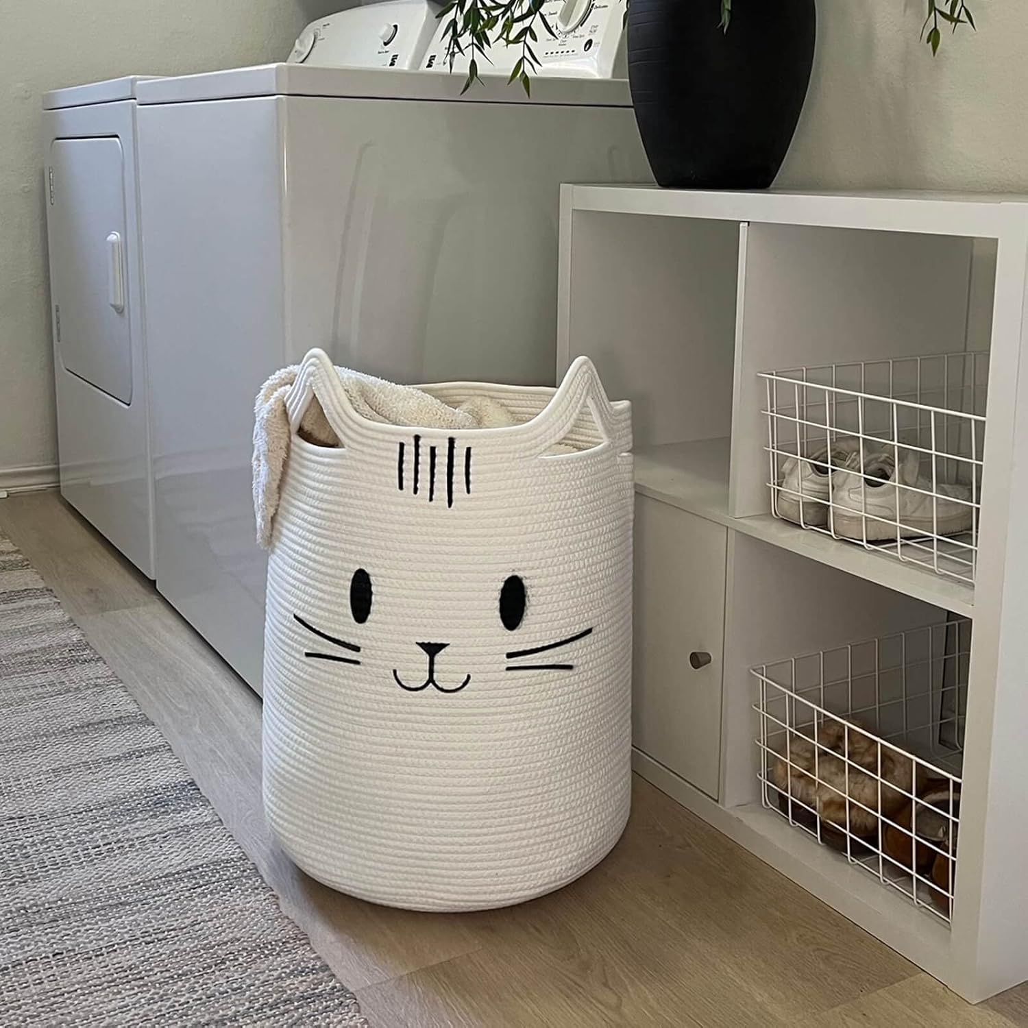 Sturdy Soft Cat Face Laundry Basket for Kids Pets White 16x20