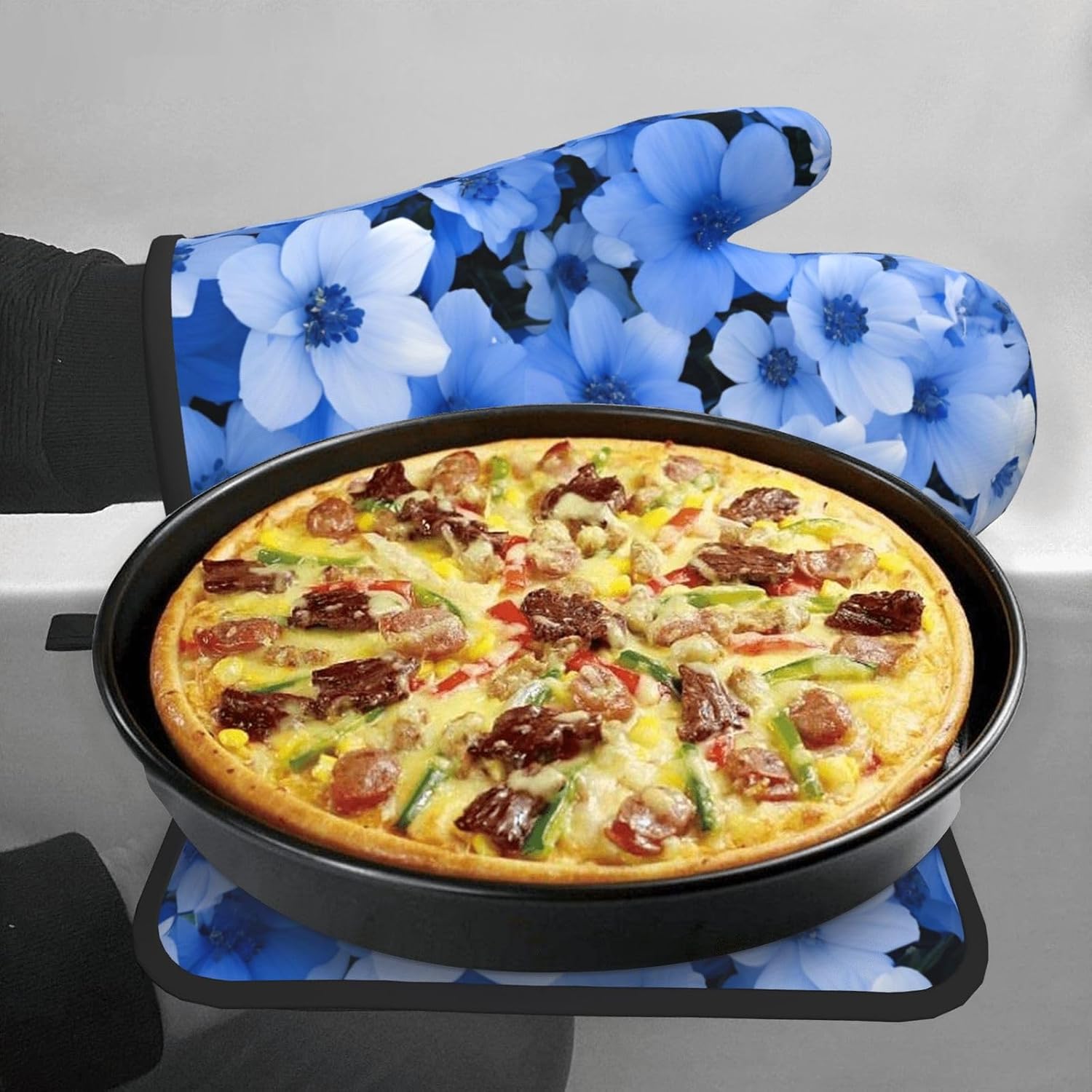 Quopvn Blue Flowers Oven Mitts and Pot Holders Set