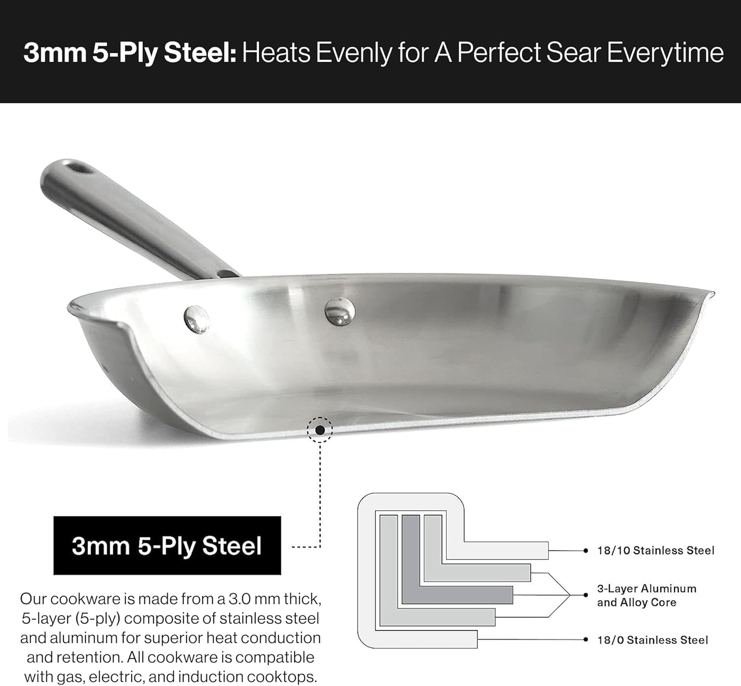 Misen 5-Ply Stainless Steel 12 Fry Pan induction oven ready