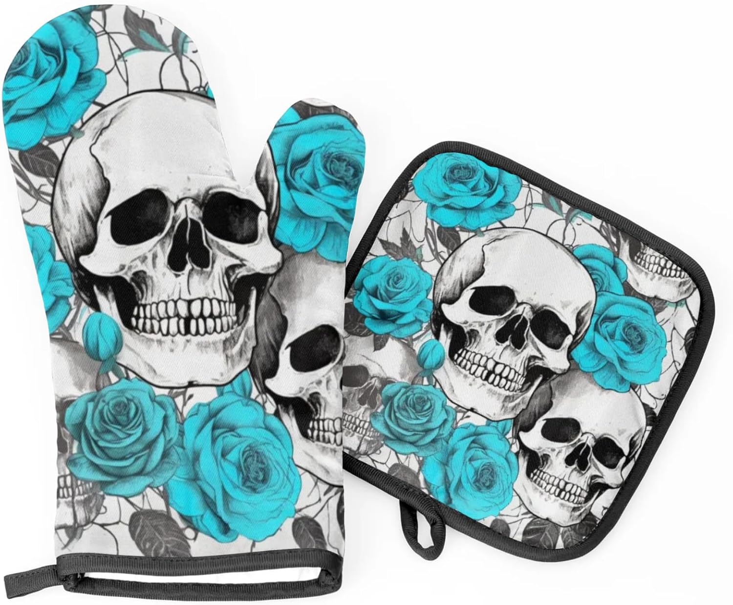 Halloween Flower Skulls Oven Mitts and Potholders Set of 2 Spooky Kitchen Gloves