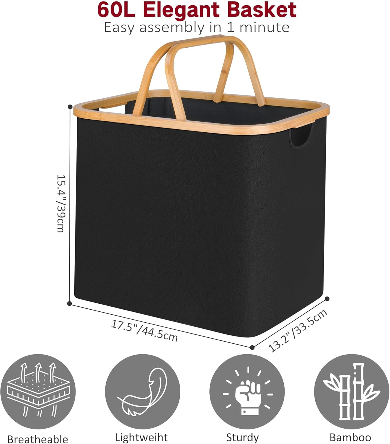 Laundry Basket with Handles Collapsible 60L Black