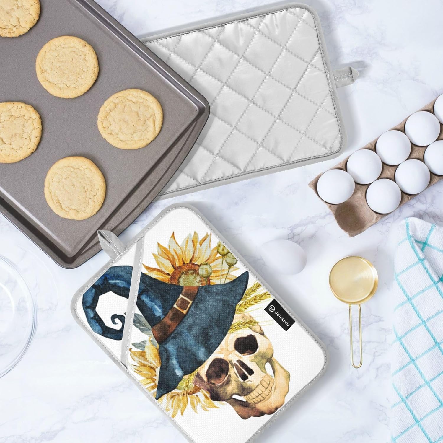 Ourvii 2pc watercolor skull oven mitts