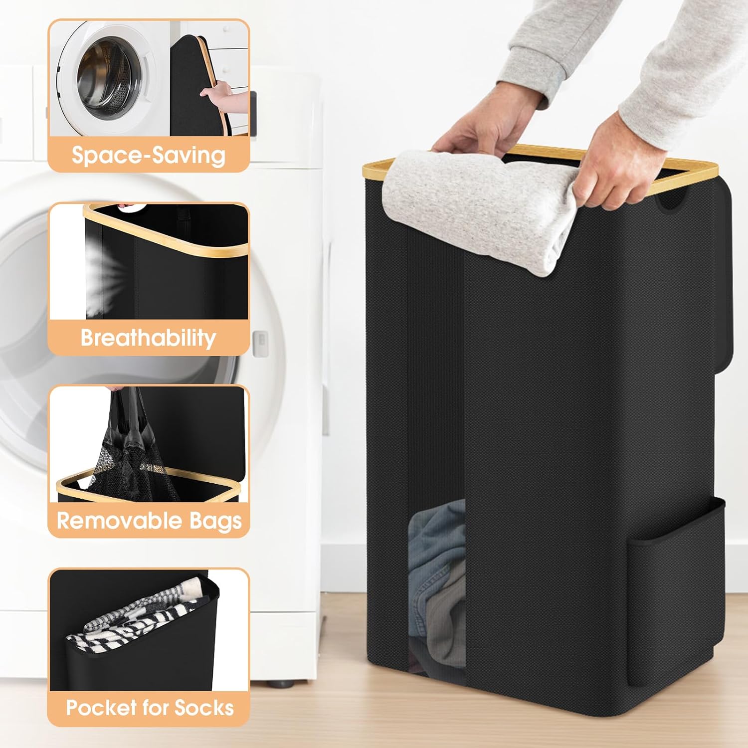 SpaceTrove Large Multi-Use Laundry Hamper with Lid Removable Bag Black