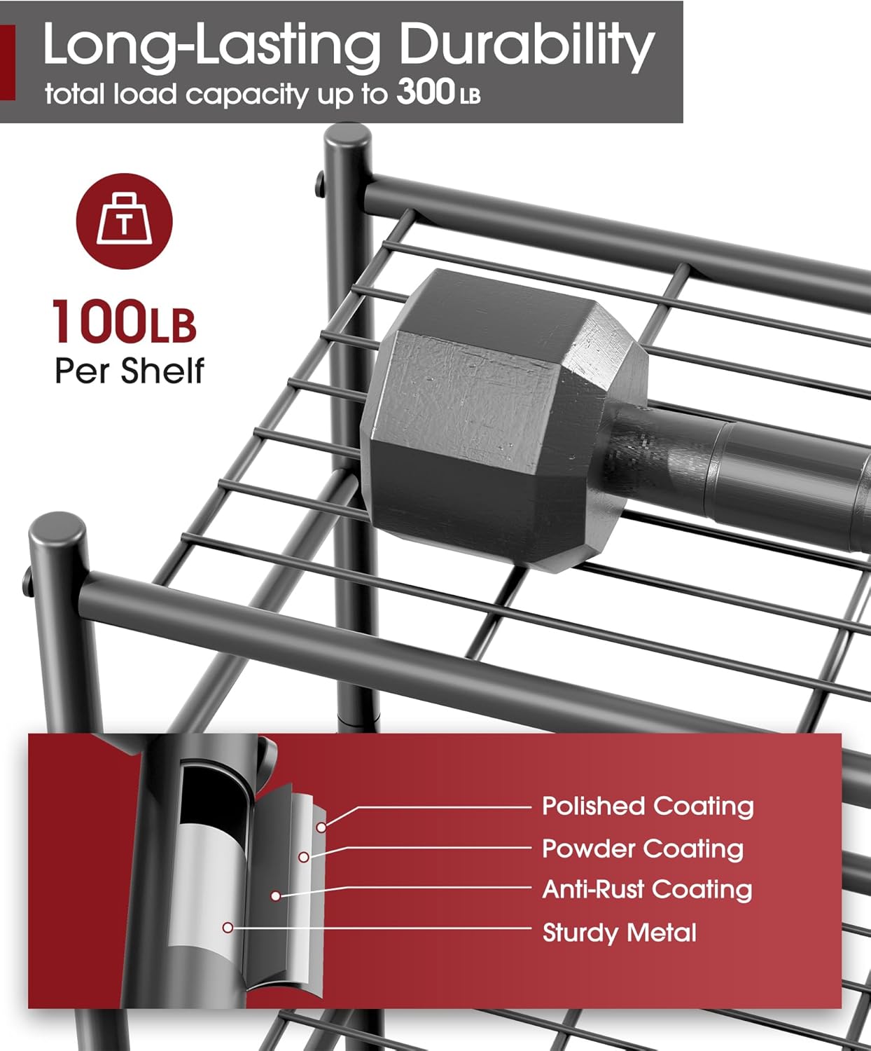 Space-Saving 3-Tier Metal Shelf with Adjustable Feet