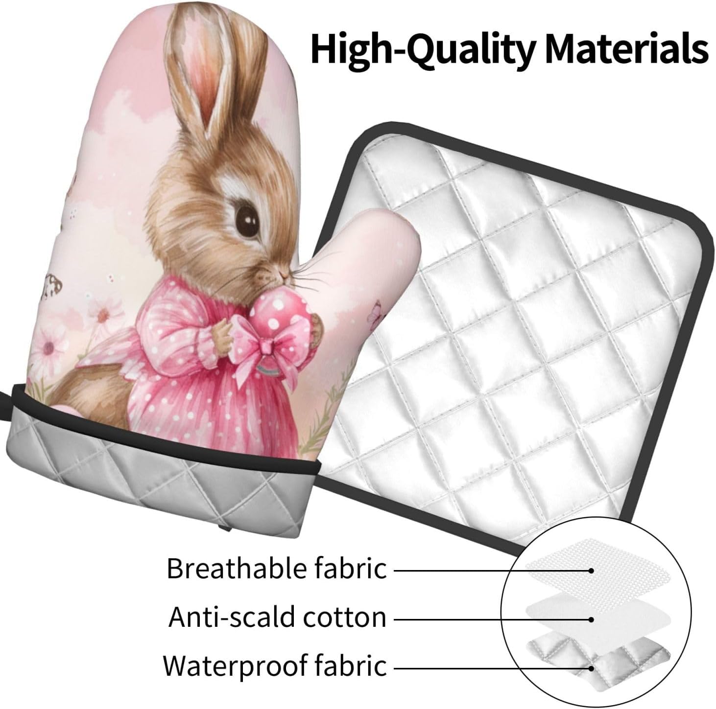 Easter Bunny with Butterflies Pot Holder and Oven Mitt Set