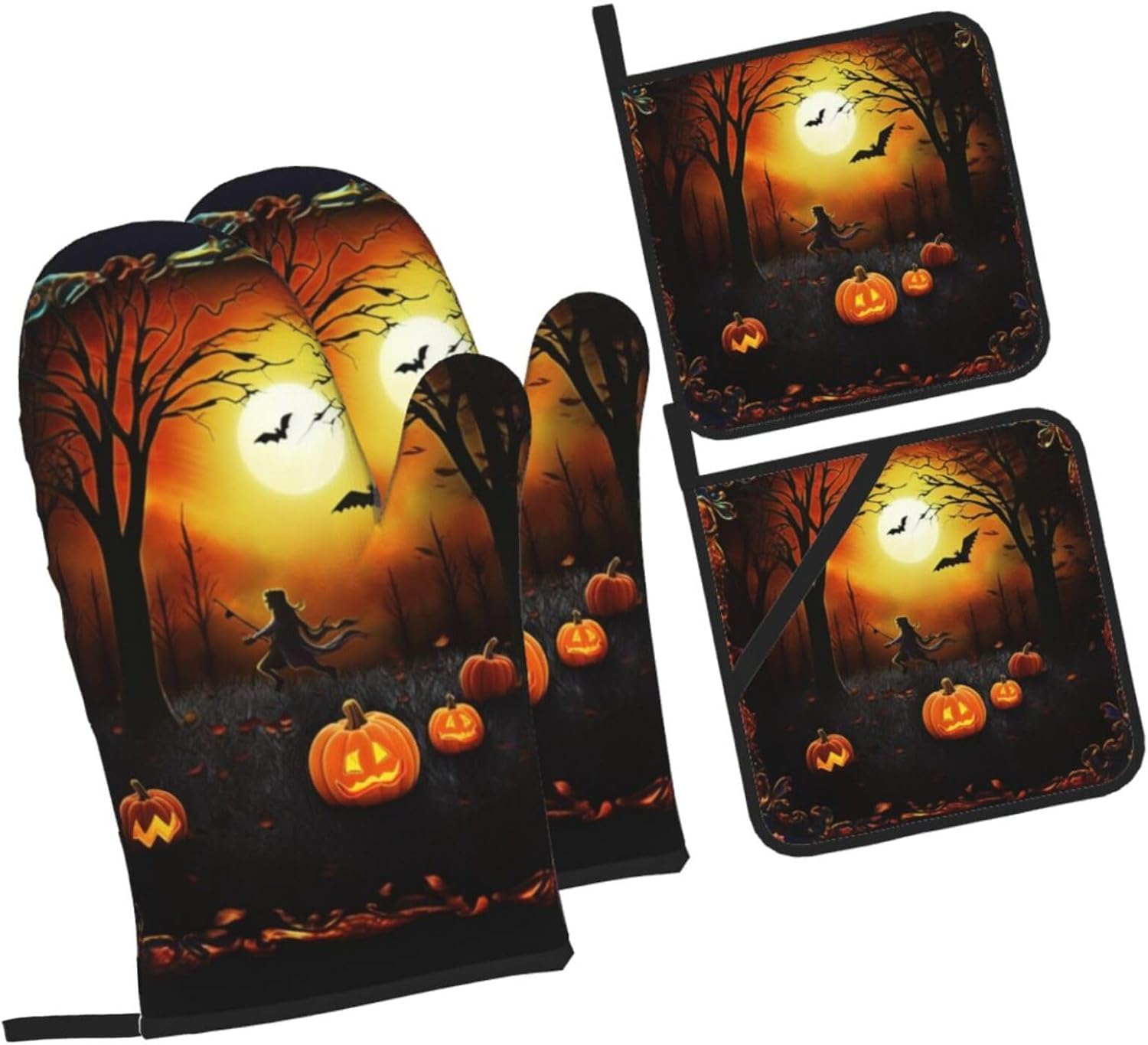 Halloween Party Oven Mitts Heat-Resistant Gloves with Built-In Potholders