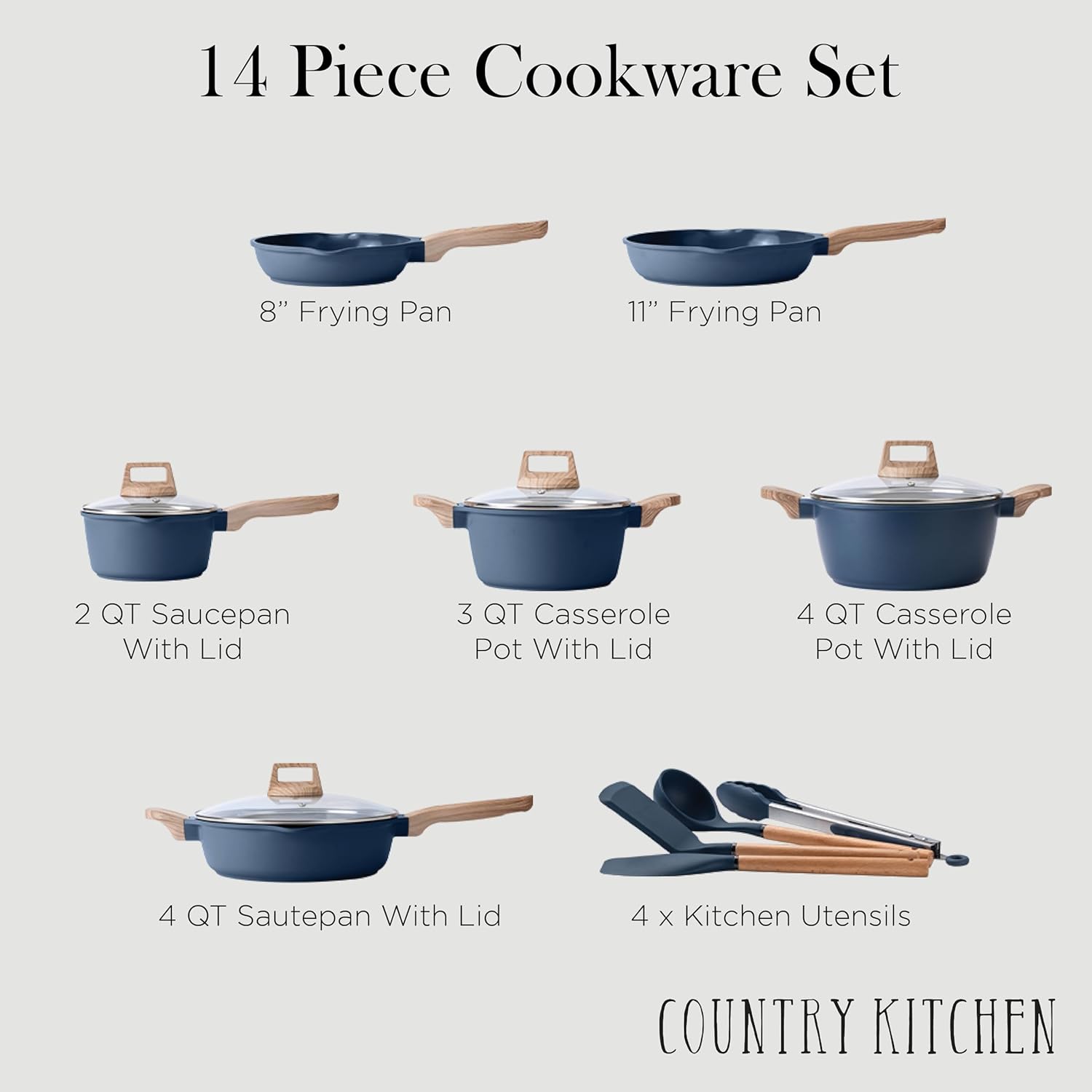 Country Kitchen 14-Piece Nonstick Cookware Set with Utensils Navy