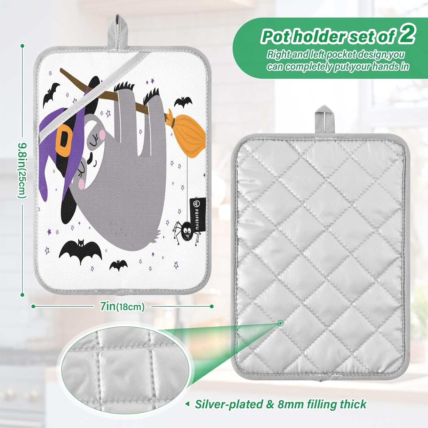 Halloween Sloth Potholders Heat-Resistant Fun Kitchen Pots - 2-Pack
