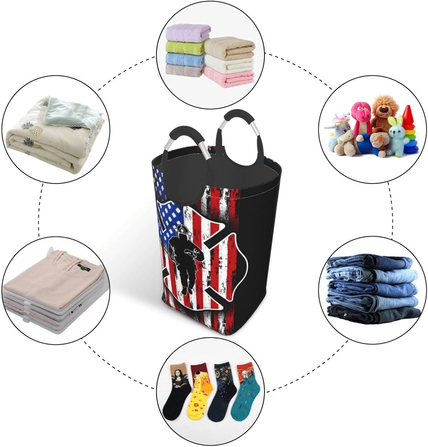 Collapsible Laundry Basket with Firefighter American Flag Pattern