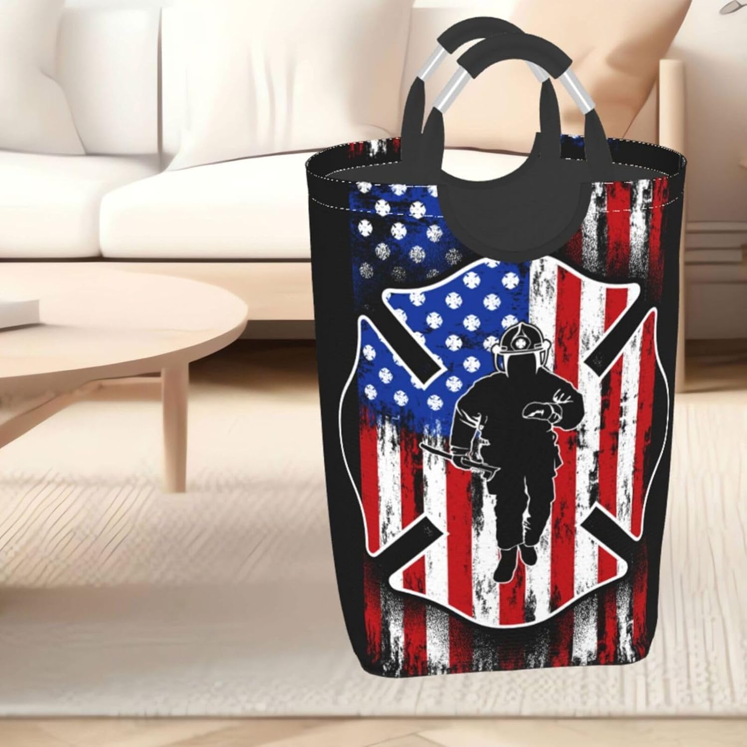 Collapsible Laundry Basket with Firefighter American Flag Pattern