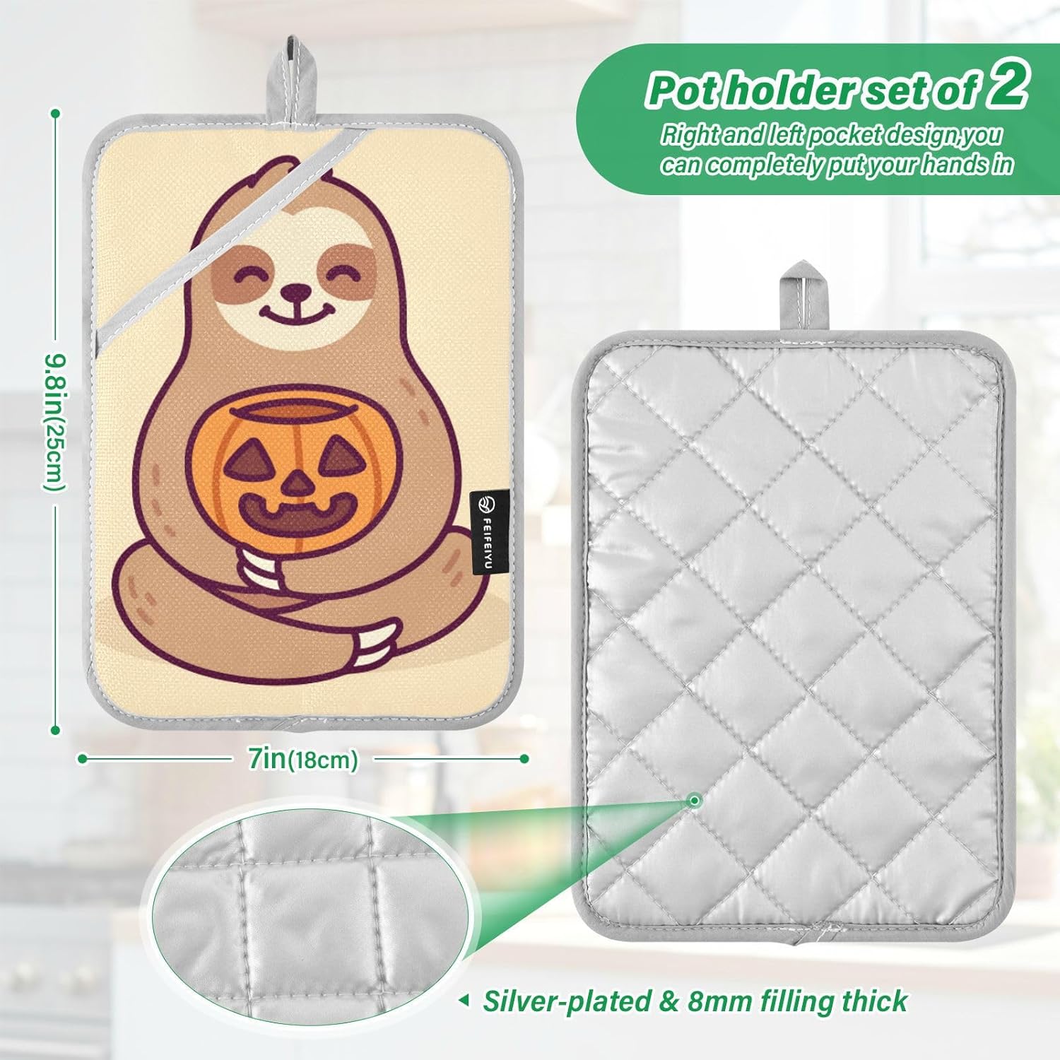 Halloween 2-Piece Cute Sloth Pot Holder Set for Kitchen Pockets Mitts