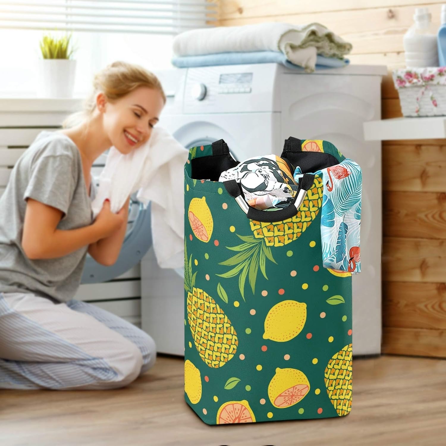 Susiyo Exotic Fruits Pineapples Limes Collapsible Laundry Basket with Handle