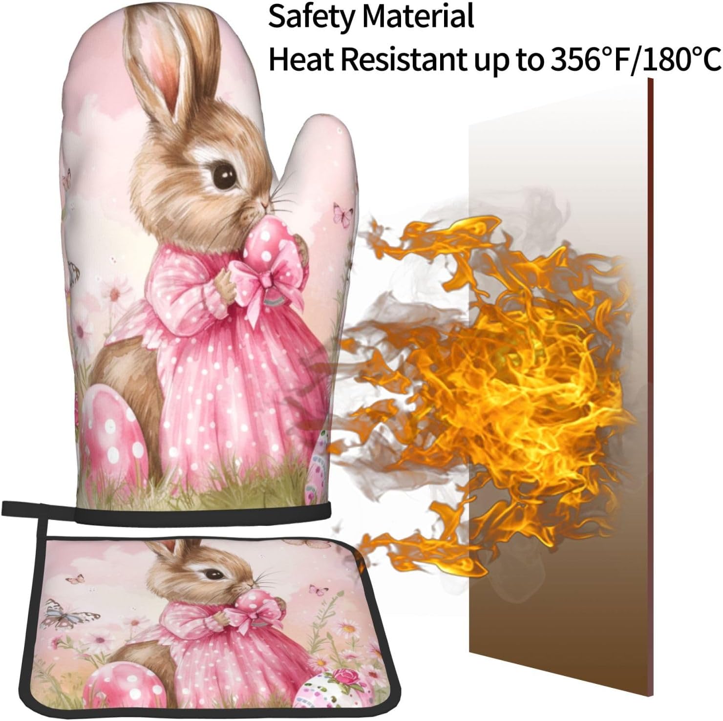 Easter Bunny with Butterflies Pot Holder and Oven Mitt Set
