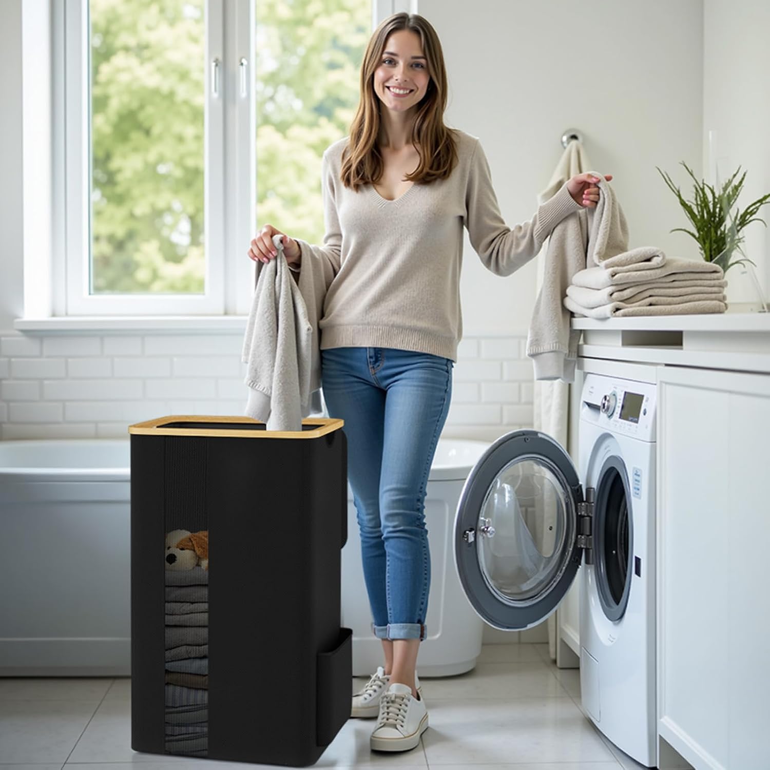SpaceTrove Large Multi-Use Laundry Hamper with Lid Removable Bag Black