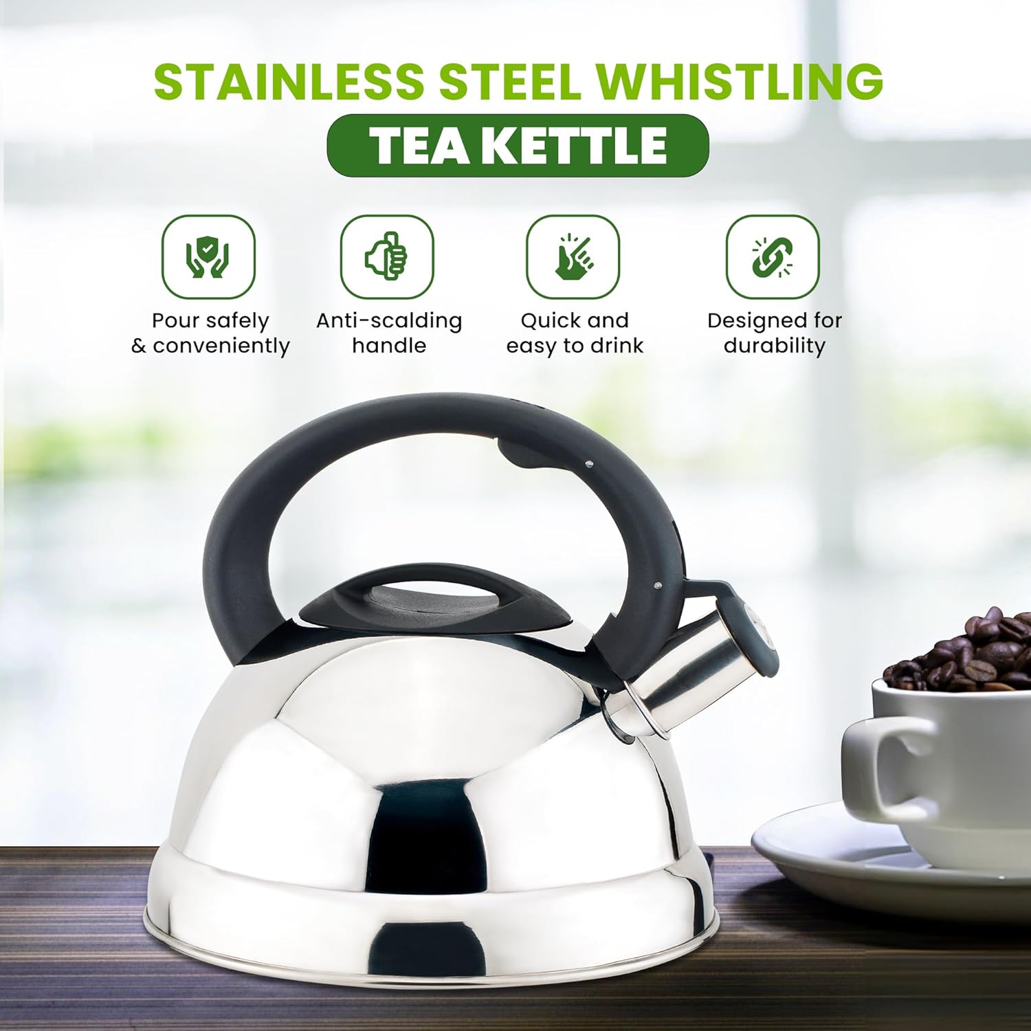 Durable stainless steel stovetop tea kettle with nylon handle