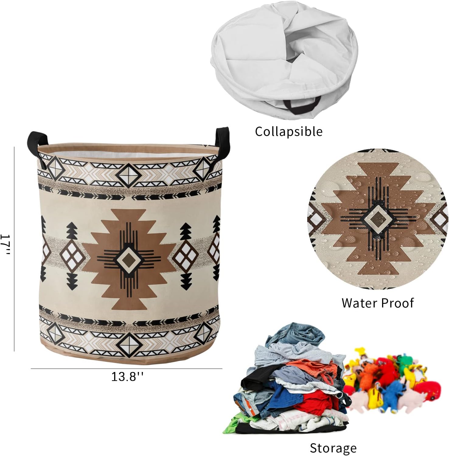 Collapsible Wash Basket Boho Western Design Waterproof Durable for Storage