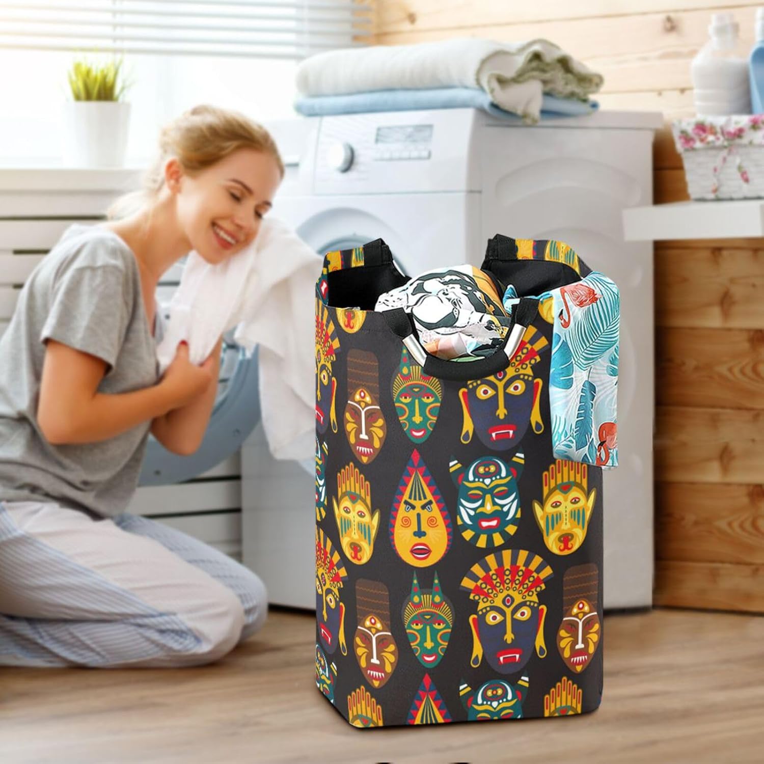 SUSIYO African Tribal Mask Collapsible Laundry Basket