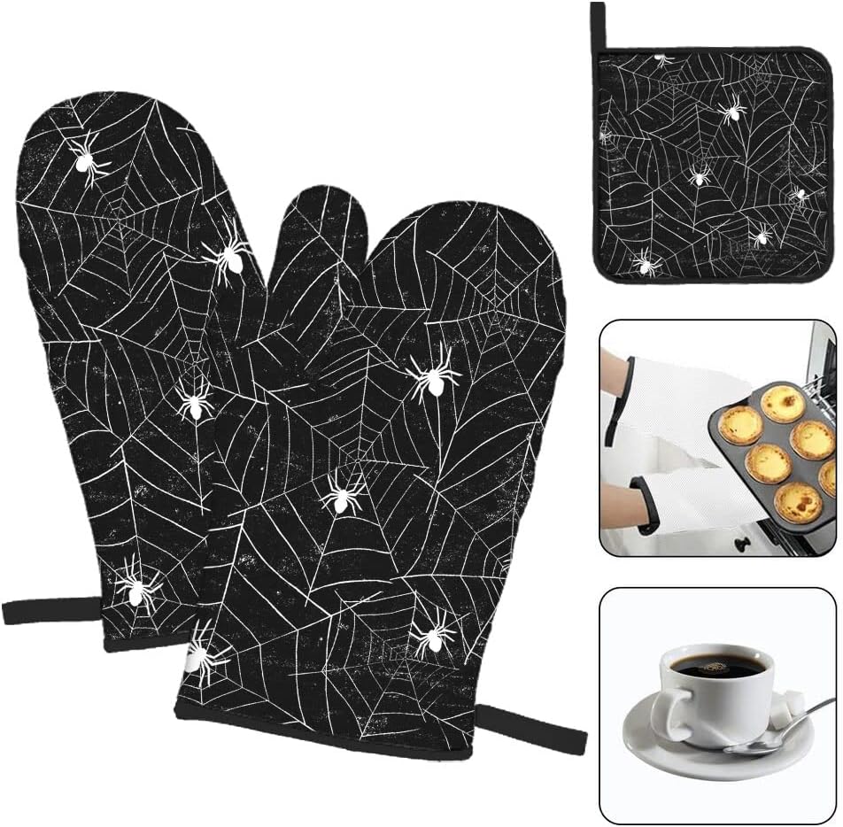 Mxocom Halloween Spiders Non-Slip Oven Mitts Pot Holders 3-Pack