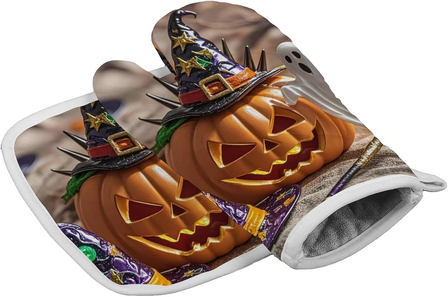 Oven Mitts and Potholders Set - Heat-Resistant Halloween Witch Hat BBQ Cooking Gloves