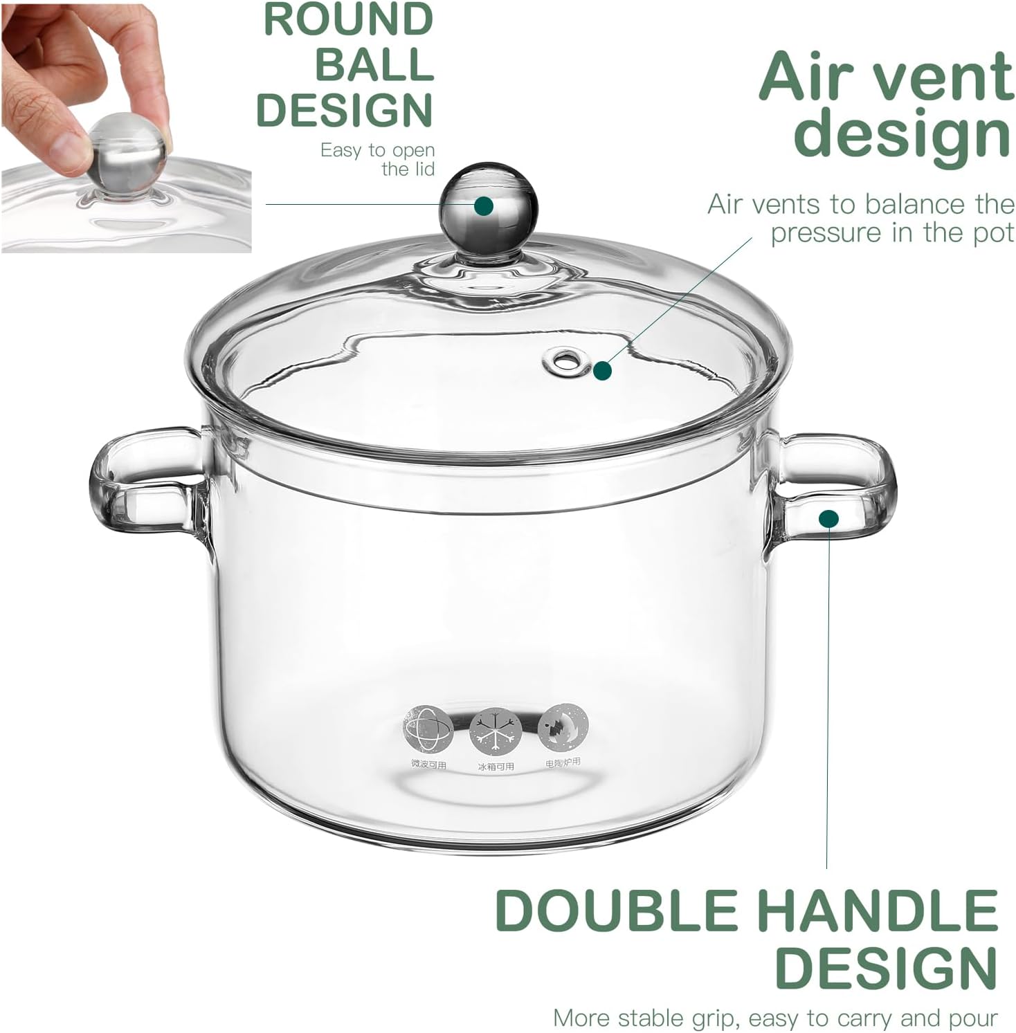 ERINGOGO 1900ML Glass Saucepan with Lid and Handles