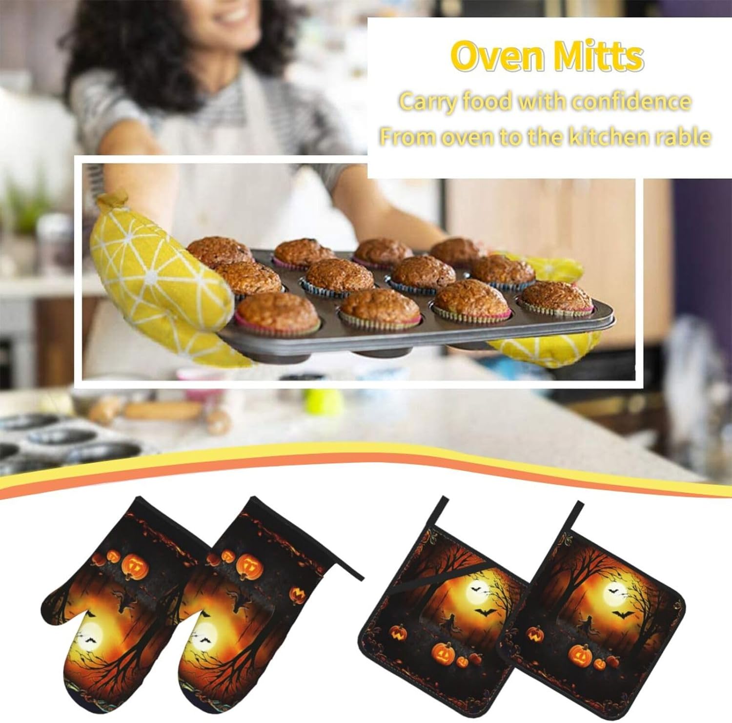 Halloween Party Oven Mitts Heat-Resistant Gloves with Built-In Potholders