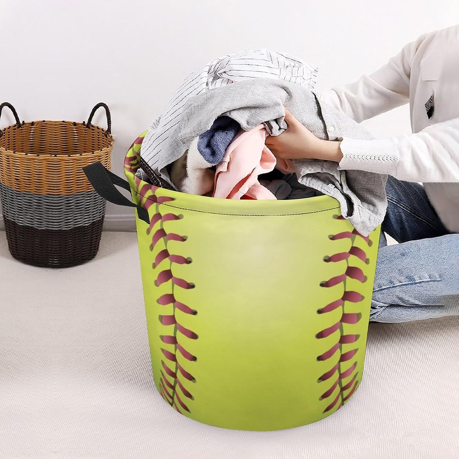 Softball Laces Yellow Waterproof Laundry Basket Organizer
