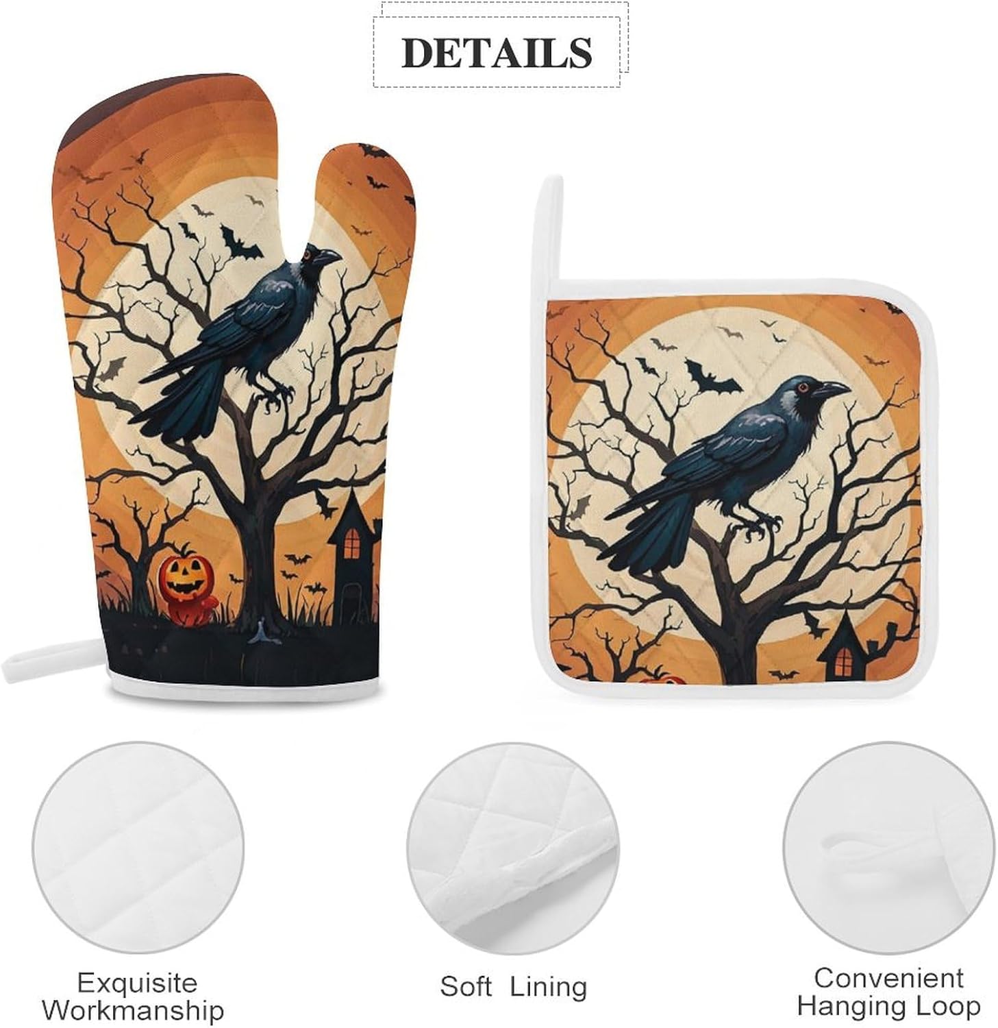Raven Halloween Oven Mitts Pot Holders Set - Festive 4-Piece Heat-Resistant Gloves