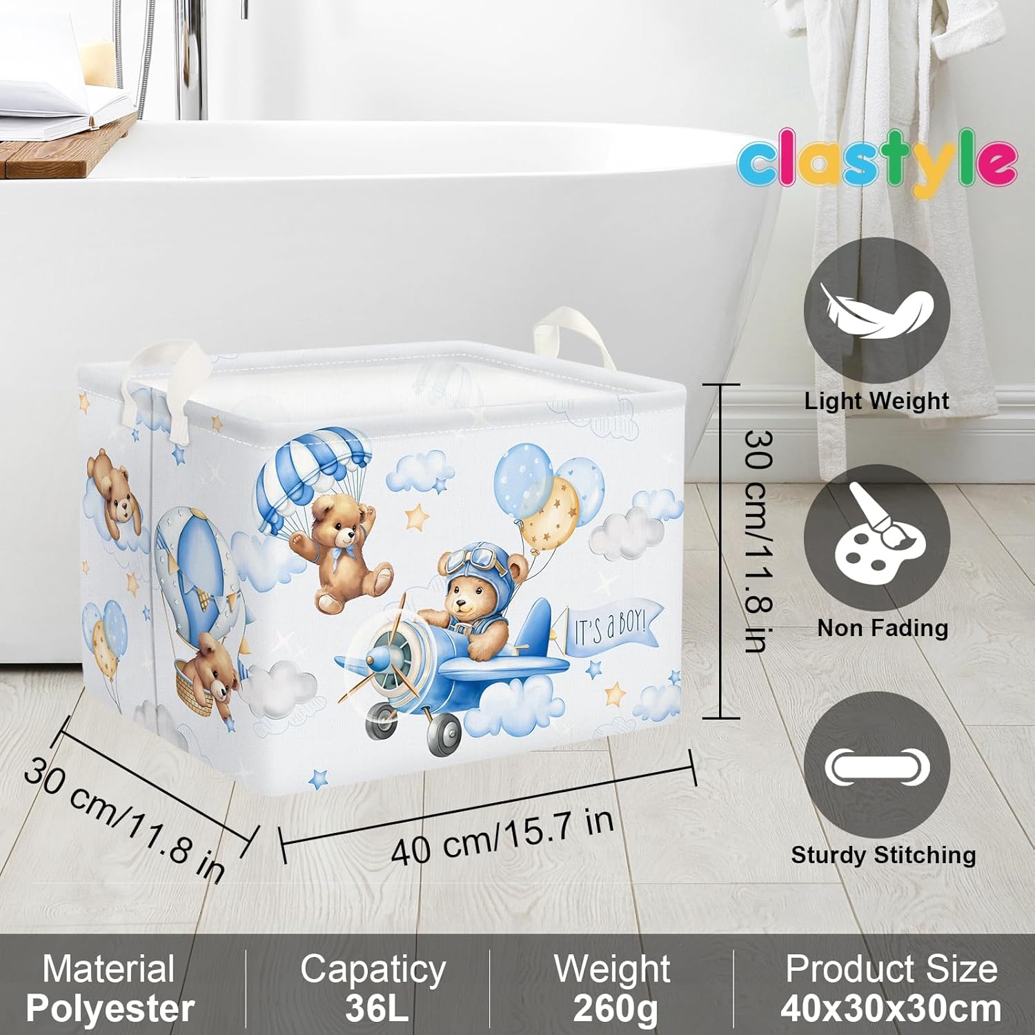 Clastyle 36L Blue Pilot Bear Collapsible Storage Basket for Kids