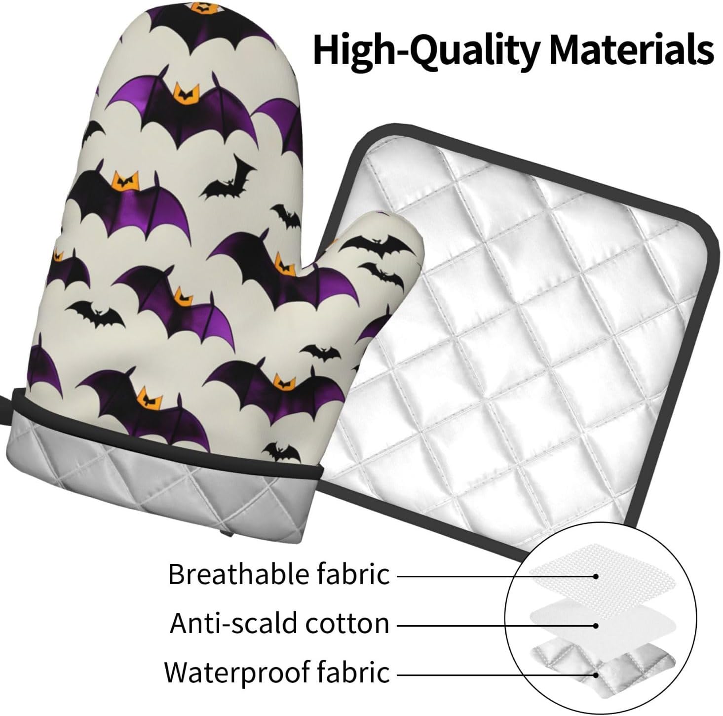 Flying Purple Bats Oven Mitts and Pot Holders - 2-Piece Heat-Resistant Set
