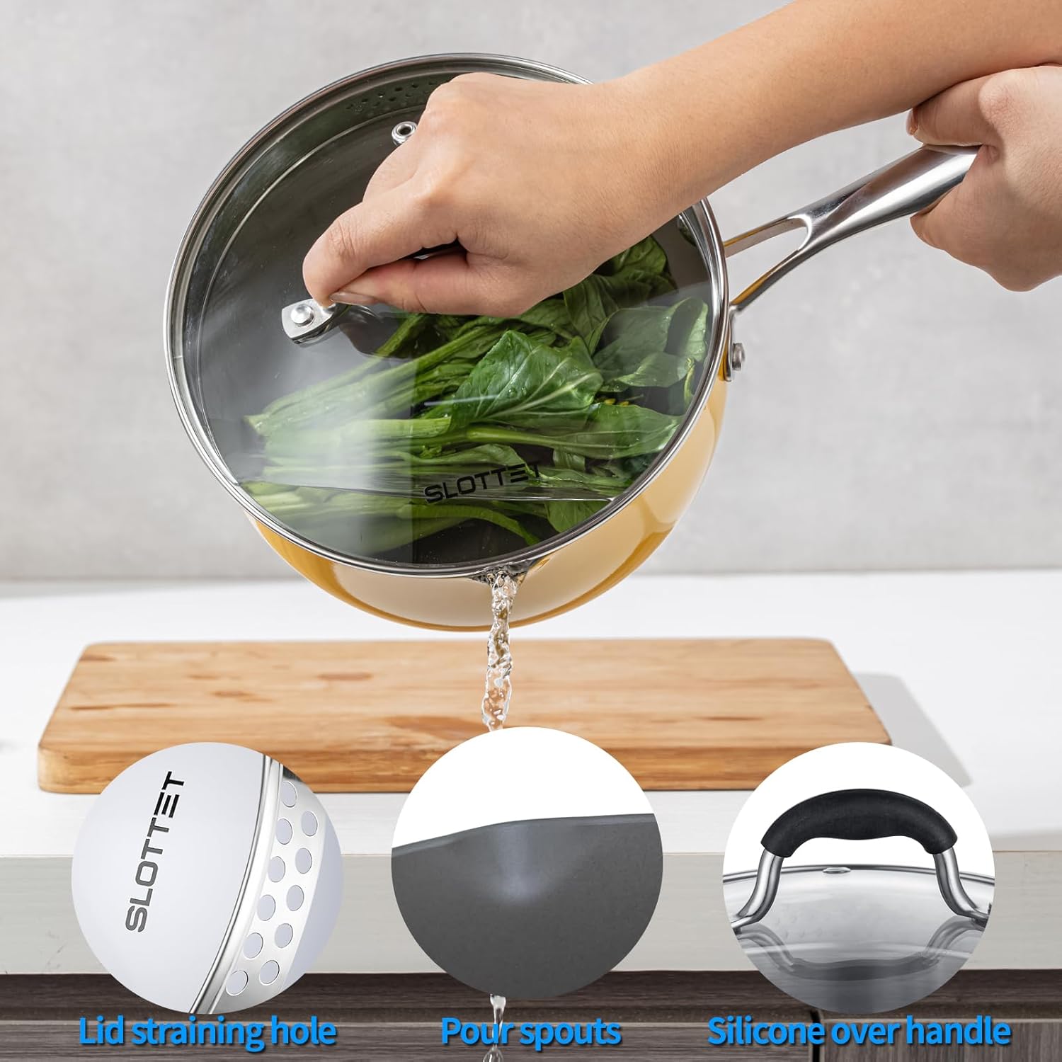 SLOTTETCeramic Tri-Ply Nonstick Saucepan 25 Quart Multipurpose Pot with Steamer Glass Lid