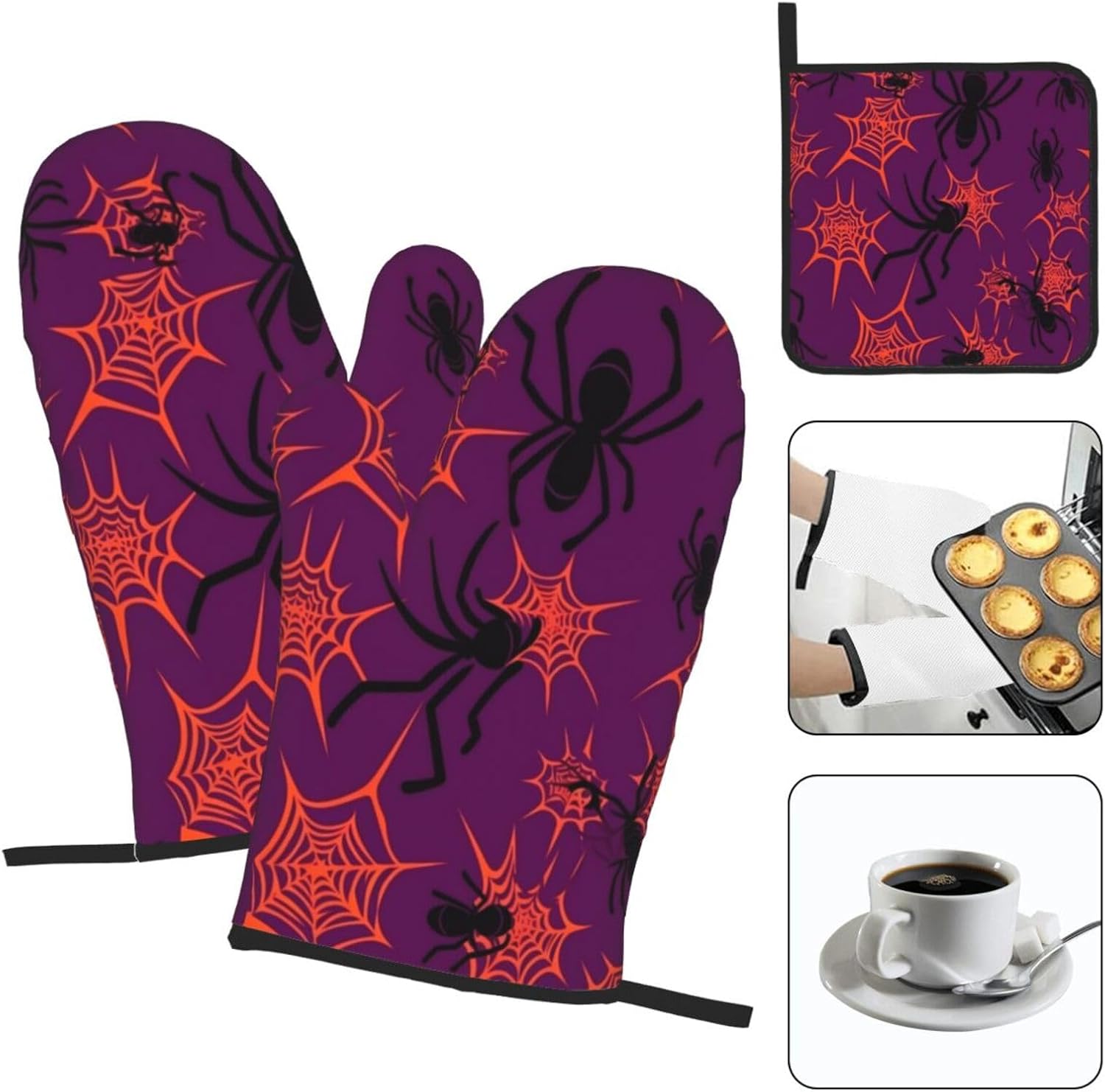 Scary Halloween Spider Web Oven Mitts Set of 3 with Pot Holders