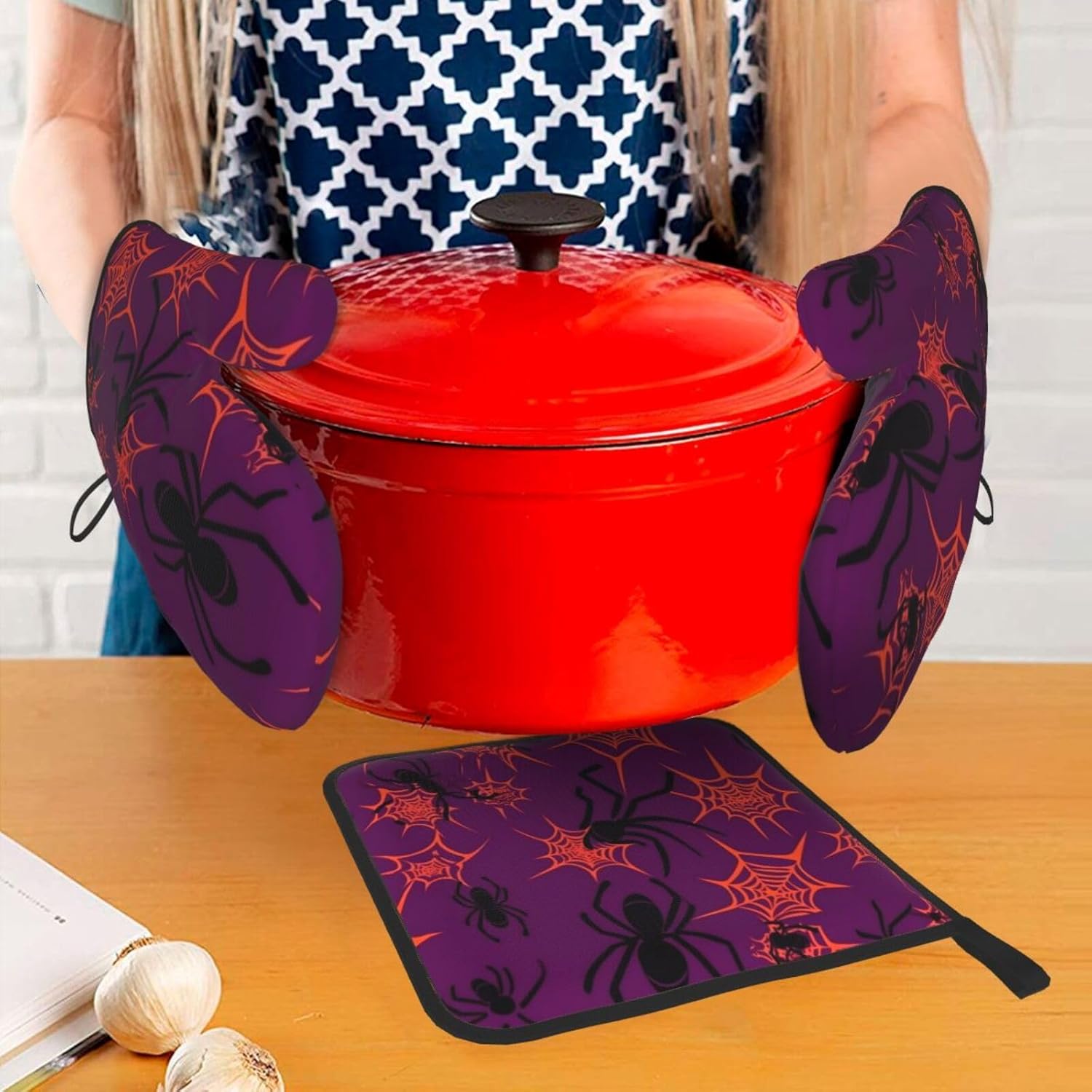 Scary Halloween Spider Web Oven Mitts Set of 3 with Pot Holders