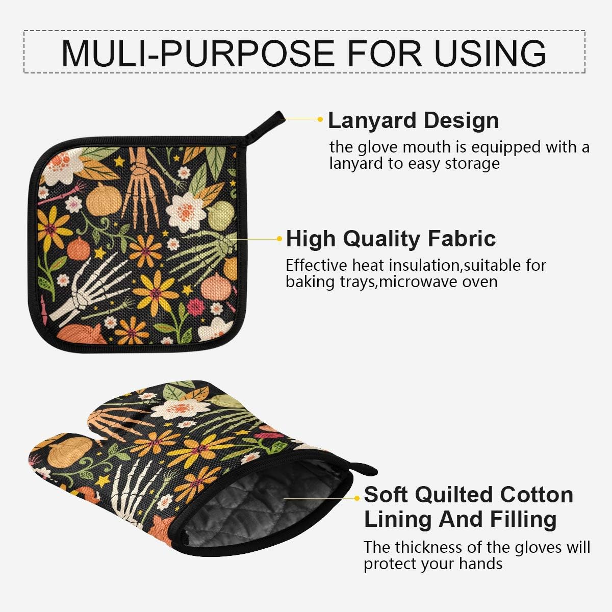 Exnundod Halloween Sugar Skull Oven Mitts Pot Holders