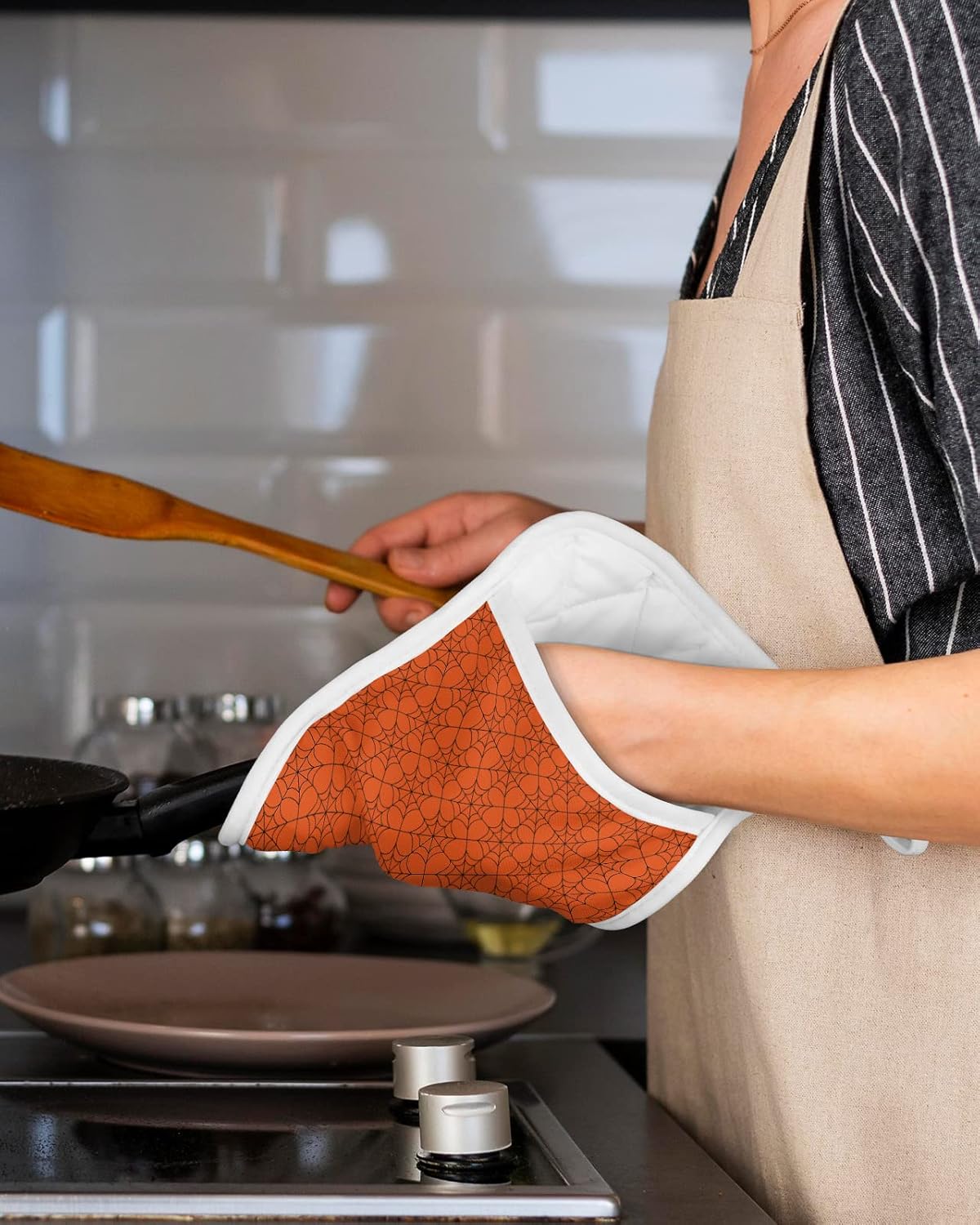 GEOMETRIC HALLOWEEN POT HOLDER SET - 5pcs Heat-Resistant Oven Mitts with Pocket
