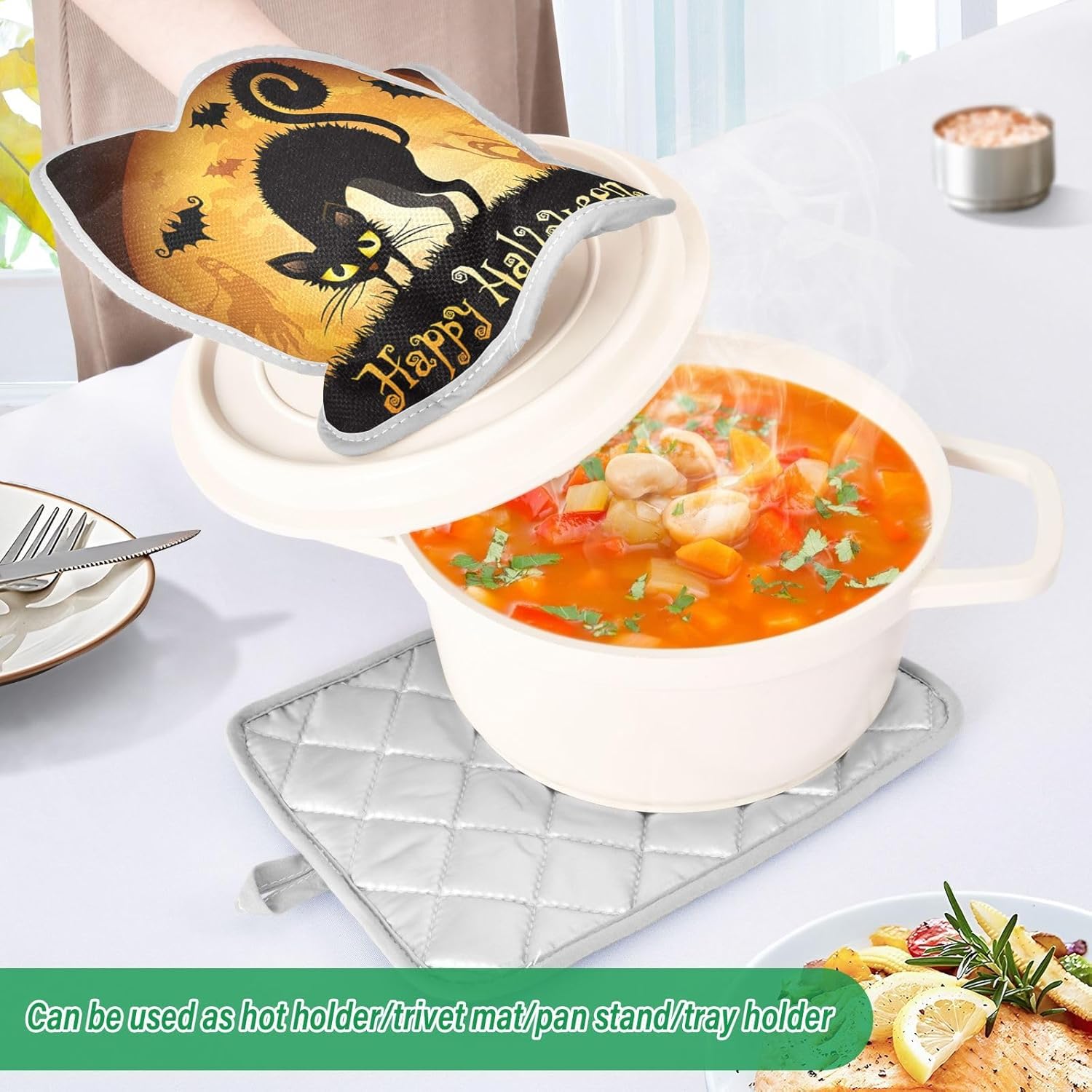 Trick or Treat Halloween instincts with a Black Cat Pot Holder Set