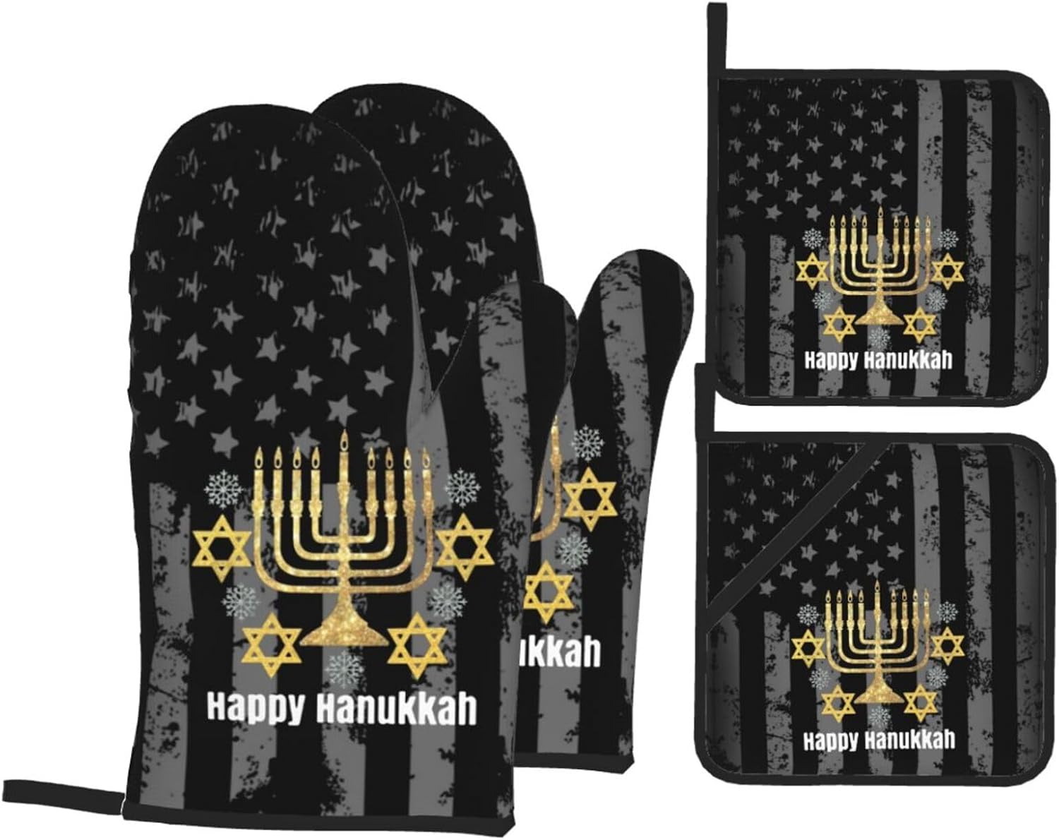 Rqwaaed Happy Hanukkah Oven mitt Set 4-Piece Heatresistant