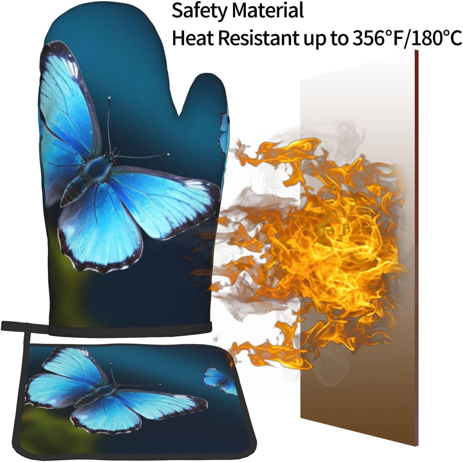 Beautiful Blue Butterfly Printed 2-Piece Set of Oven Mitt and Pot Holder