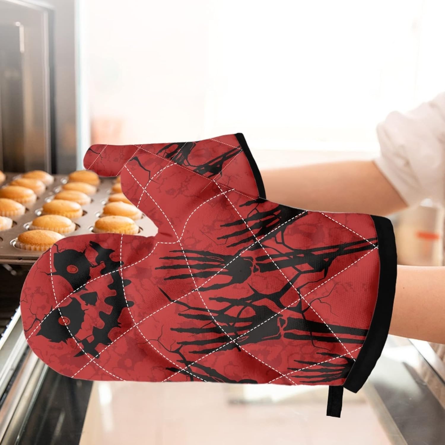 Halloween Skull Oven Mitts Pot Holders Set Red